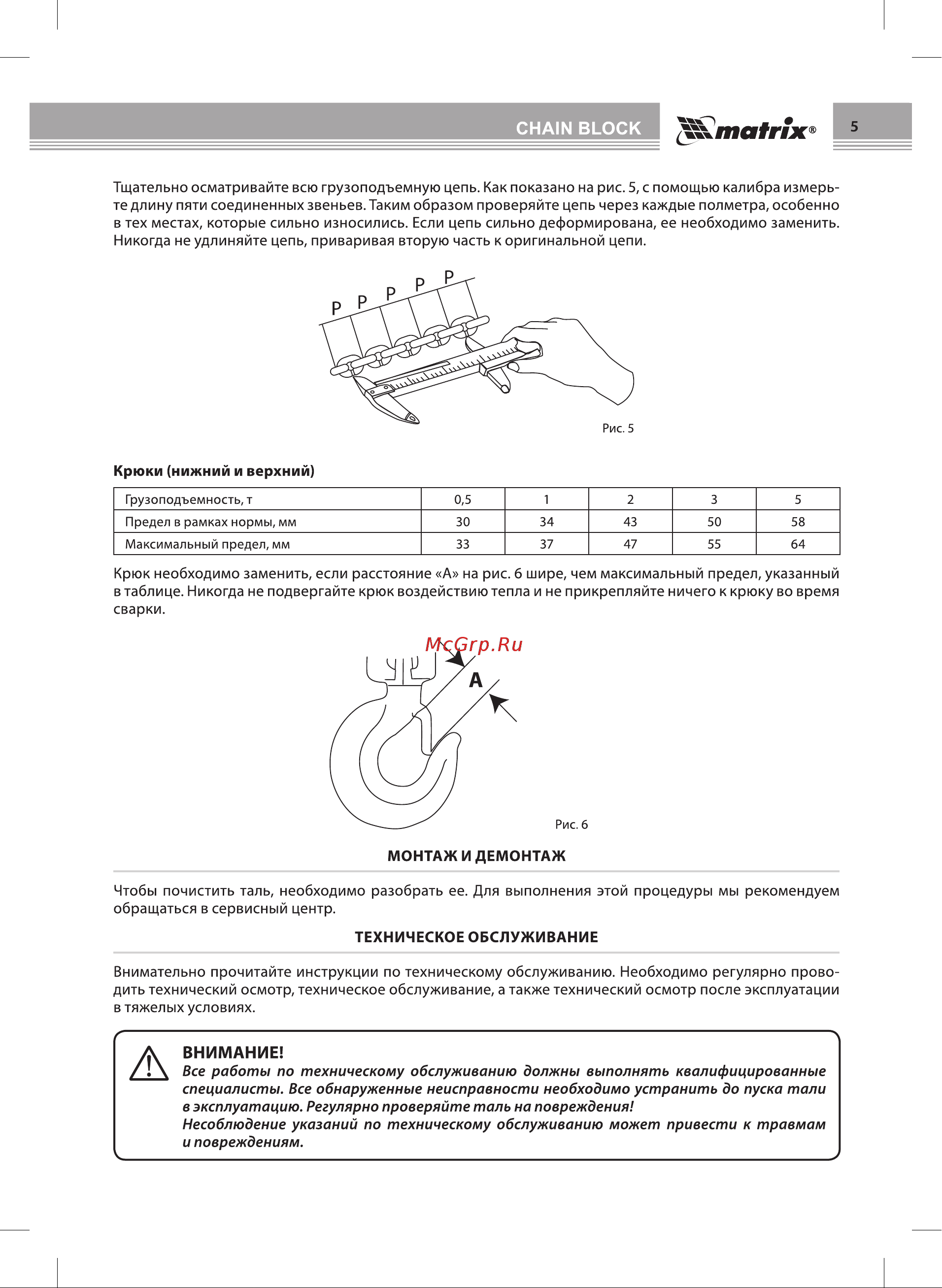 Matrix 2 т 519365 Инструкция к тали MATRIX 2т 2.5 м 380мм 519365 онлайн [5/8] 852279