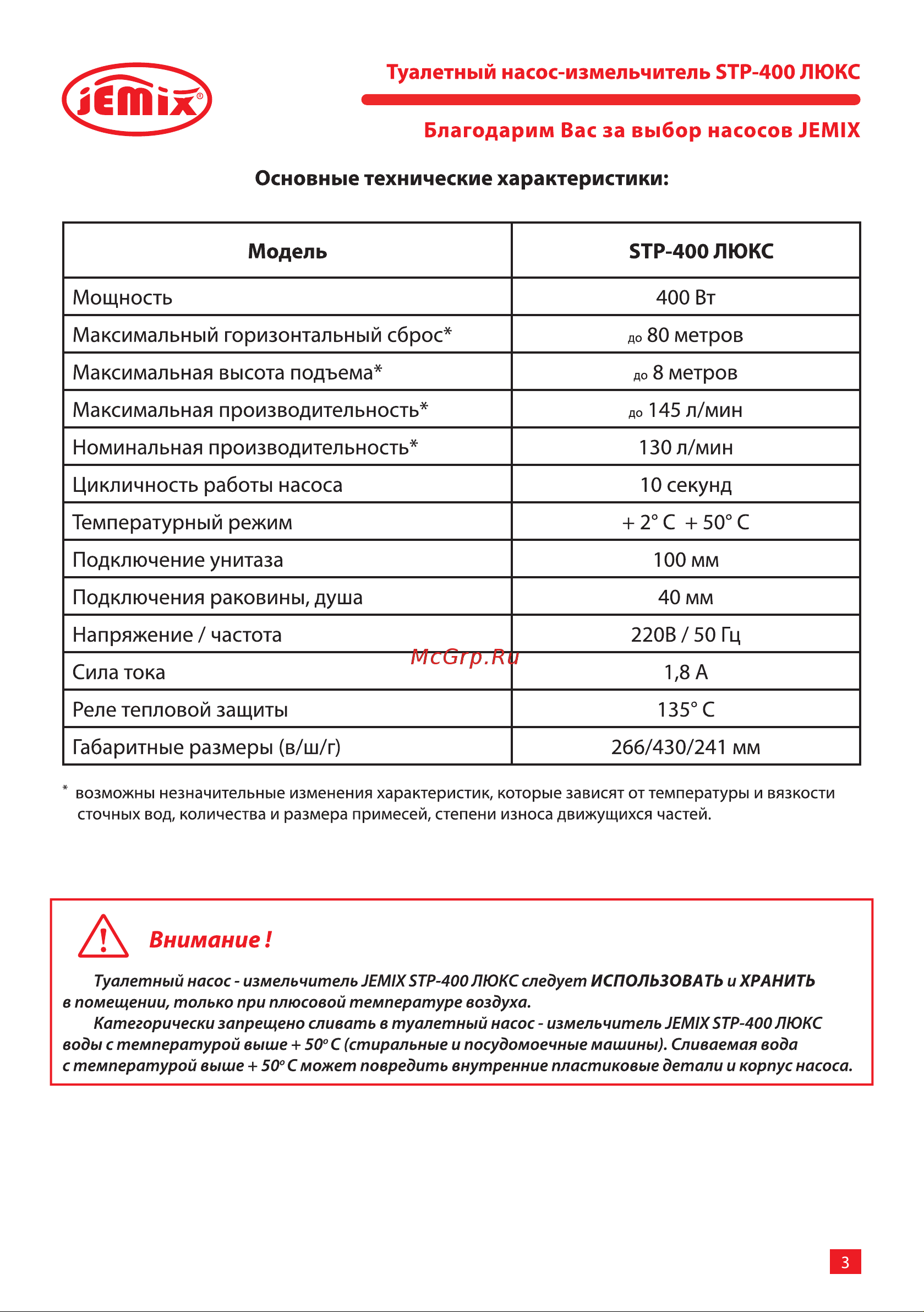 Jemix STP-400 LUX 400 Вт, до 145 л/мин 87612 Инструкция к JEMIX STP-400 LUX 87612 онлайн [3/16] 852901