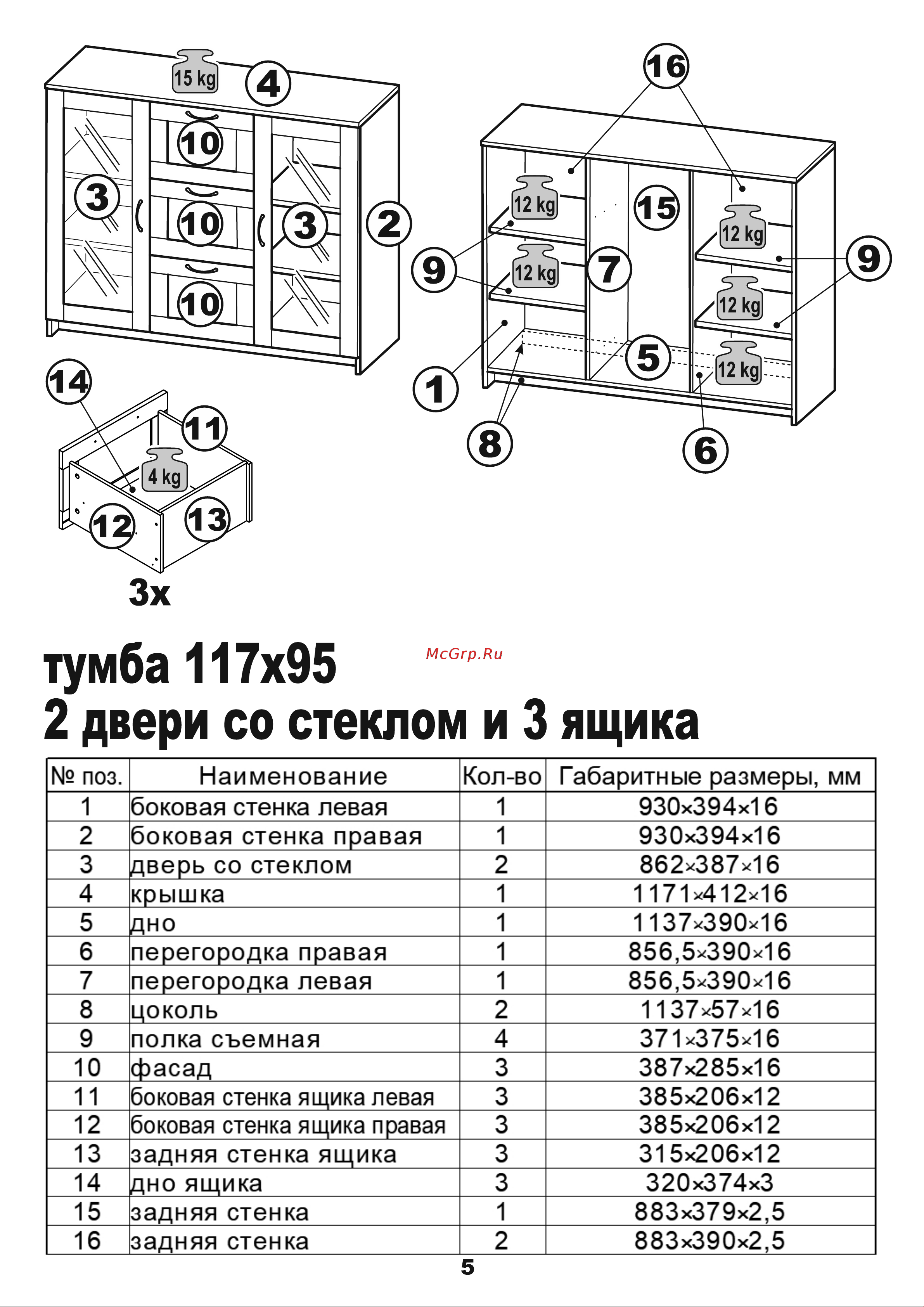 Шведский Стандарт СИРИУС 2 двери и 3 ящика, 117x41x94 см, черная, дуб венге 2.02.03.340.5 Инструкция по сборке онлайн [5/24] 852963