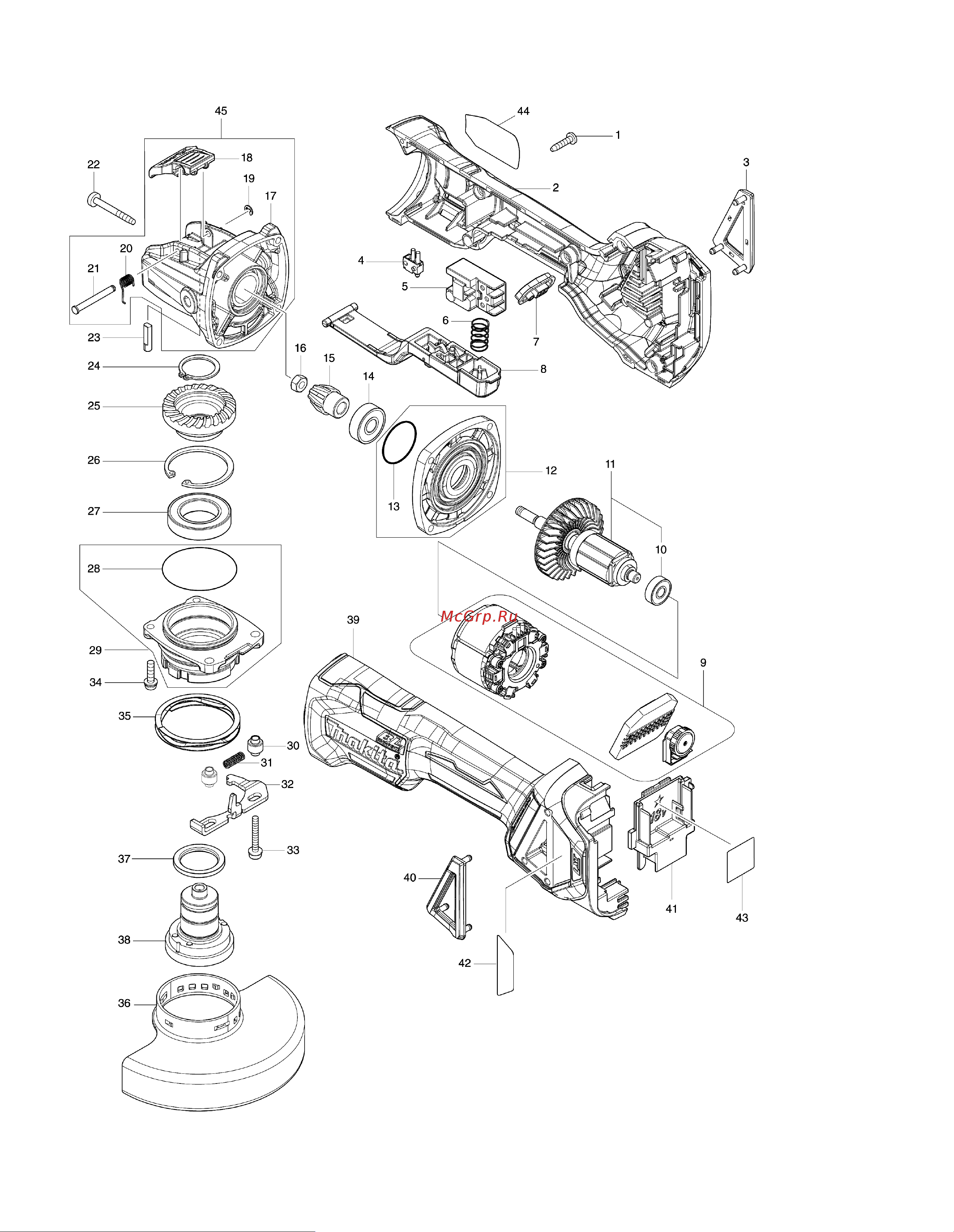 Makita LXT DGA519Z Чертеж деталей онлайн