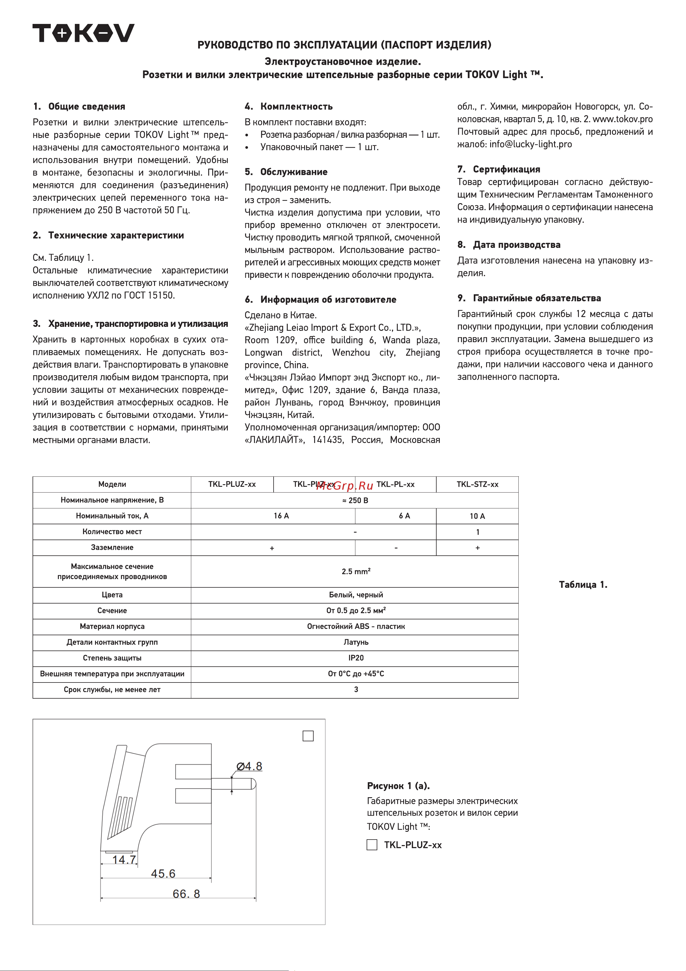 TOKOV ELECTRIC 16А 250В с заземлением белая TKL-PLUZ-C01 Руководство по эксплуатации онлайн