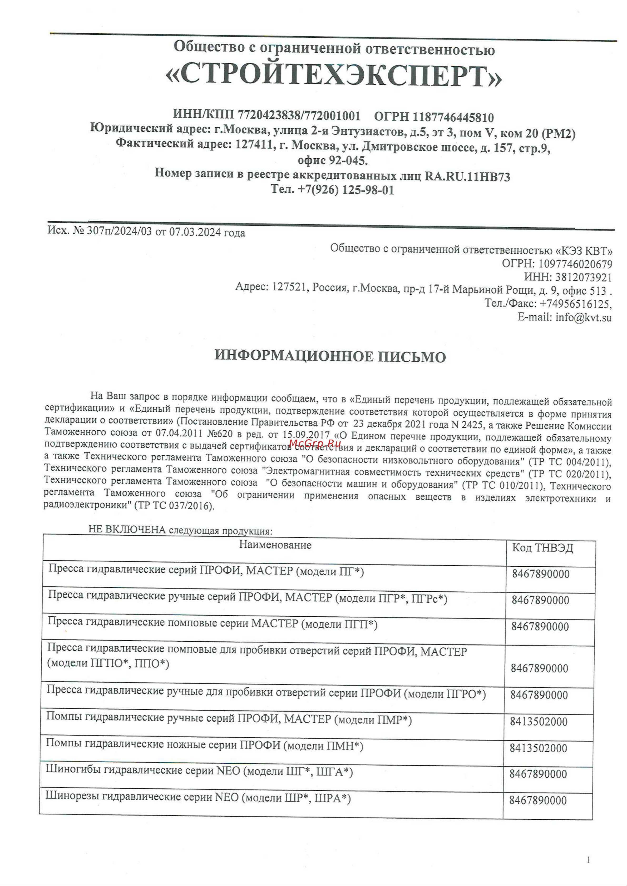 Квт ПРОФИ УР-75 серия 89257 Отказное письмо онлайн