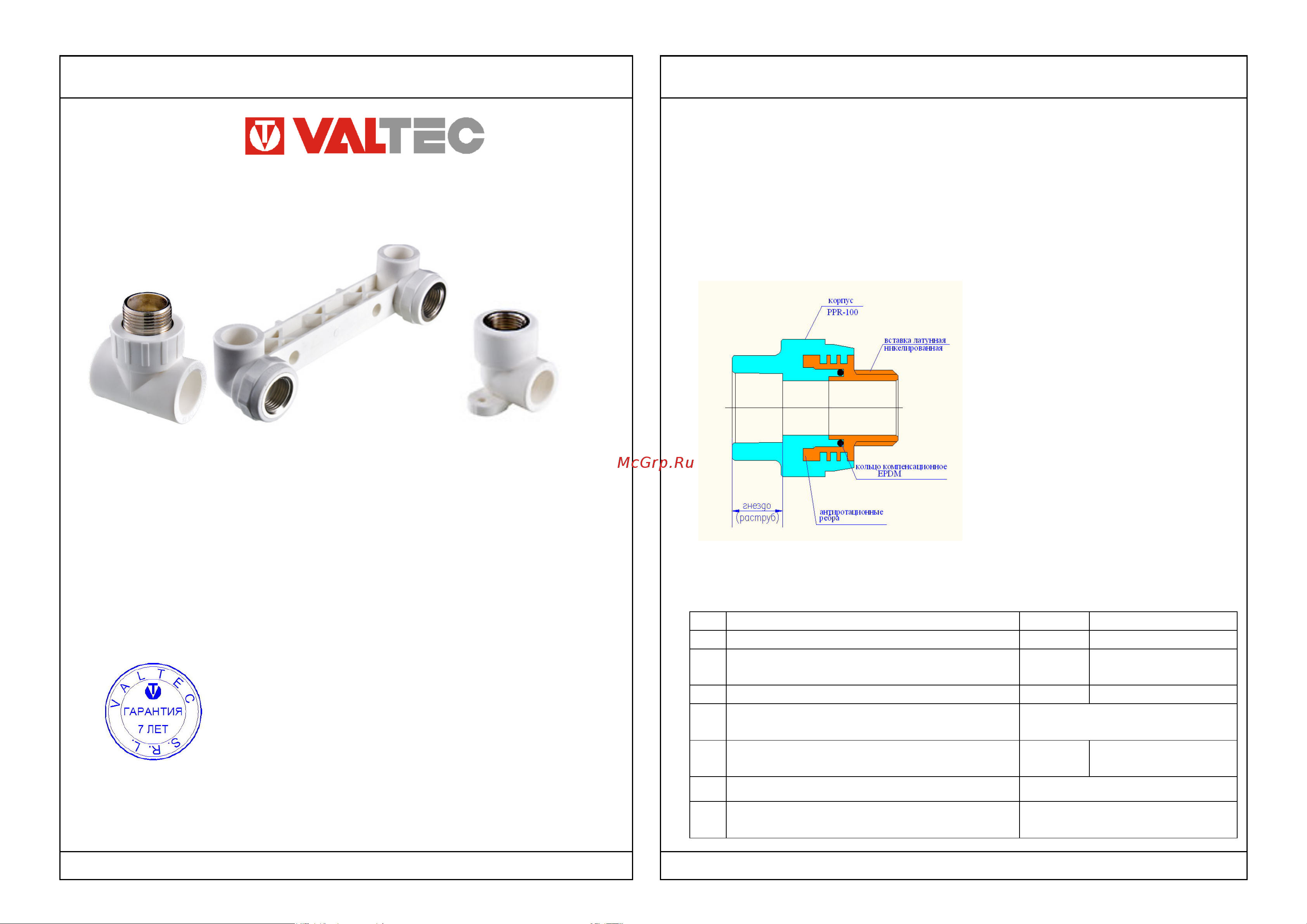 Valtec PPR с переходом на наружную резьбу 20х1/2 VTp.753.0.02004 Инструкция онлайн