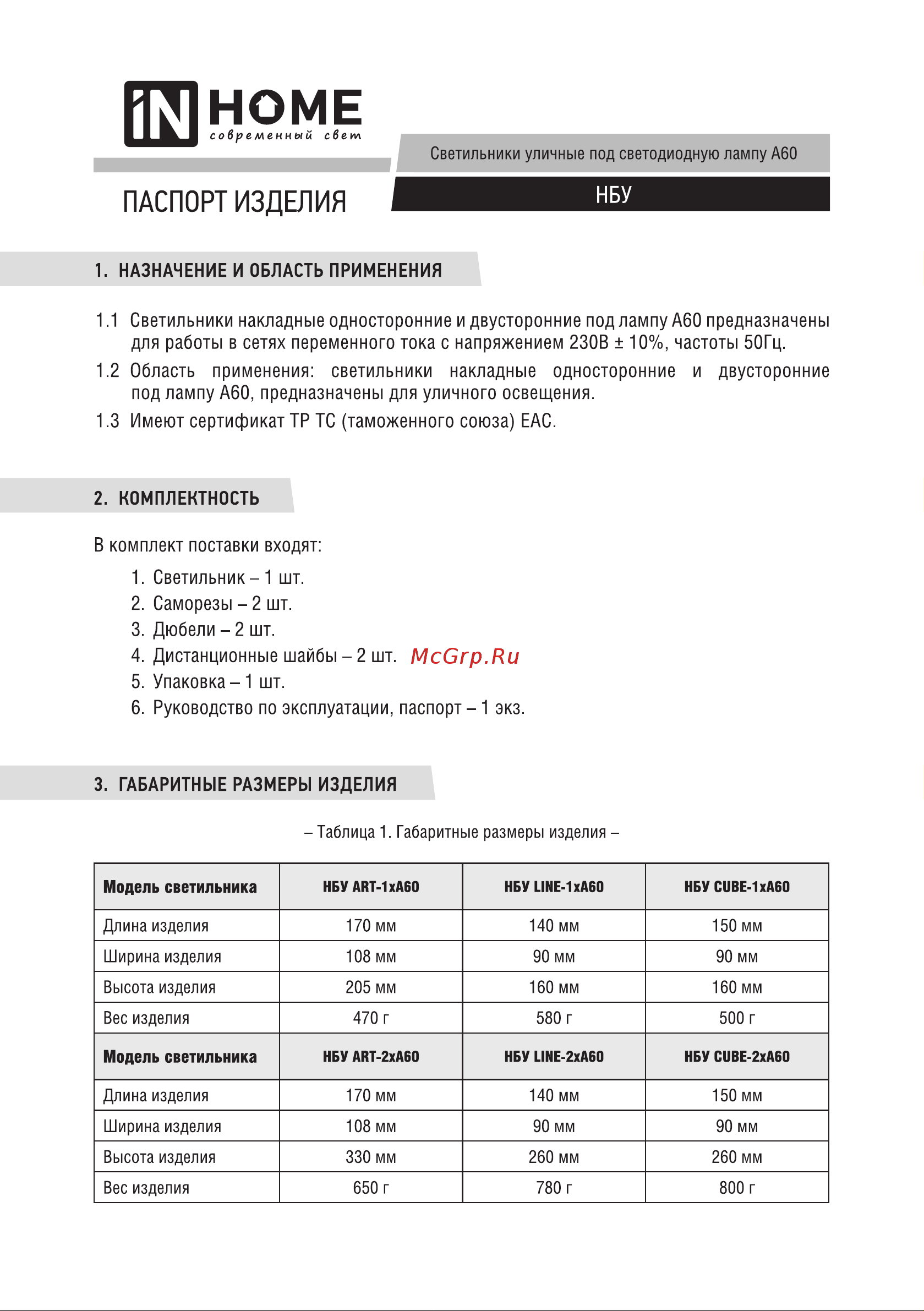 IN HOME НБУ ART-1хA60-BL алюминий, под 1хA60 E27, черный, IP65 4690612037639 Паспорт изделия онлайн
