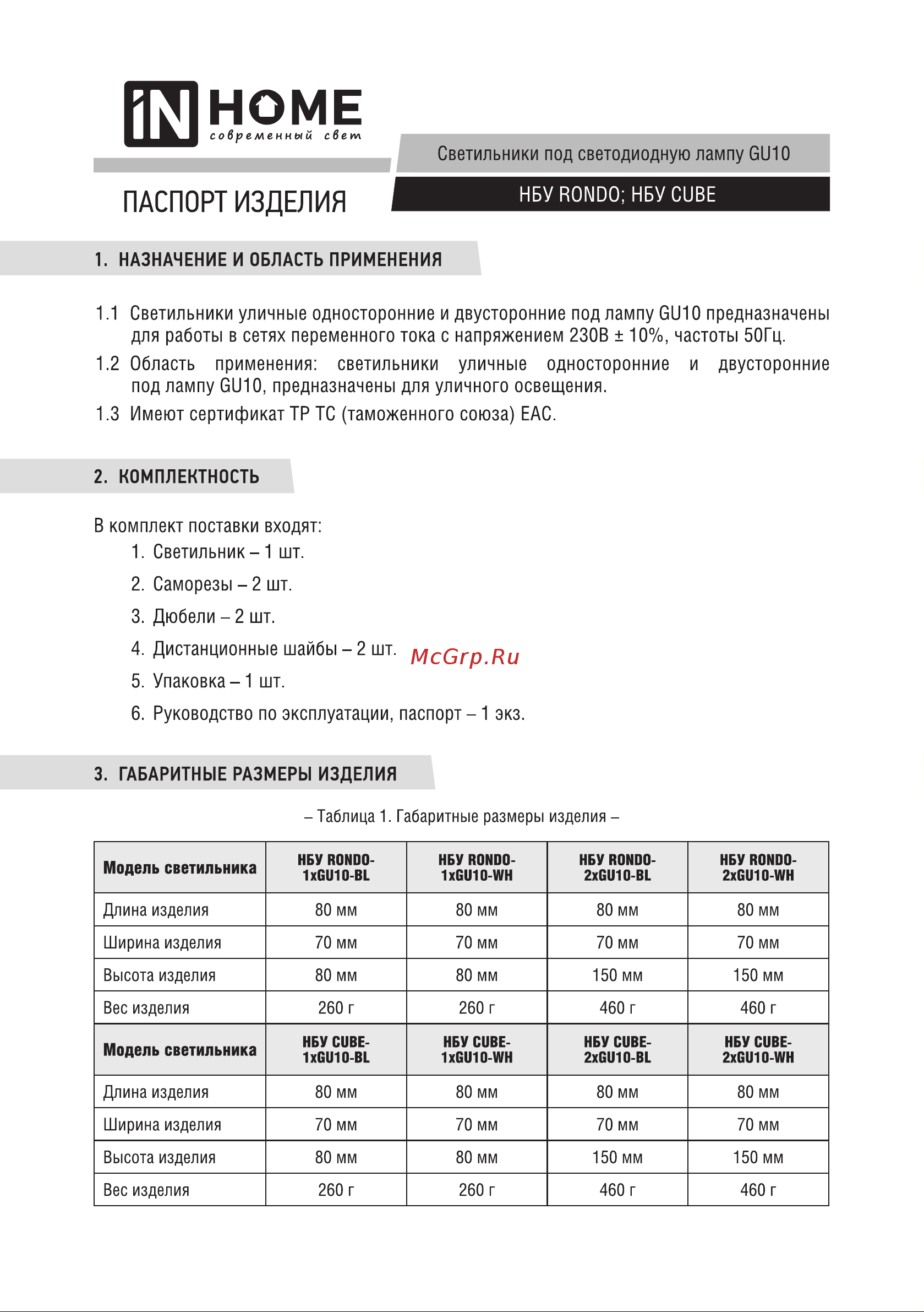IN HOME нбу rondo-1хgu10-bl алюминий, под 1хgu10, черный, ip65 4690612044682 Паспорт изделия онлайн