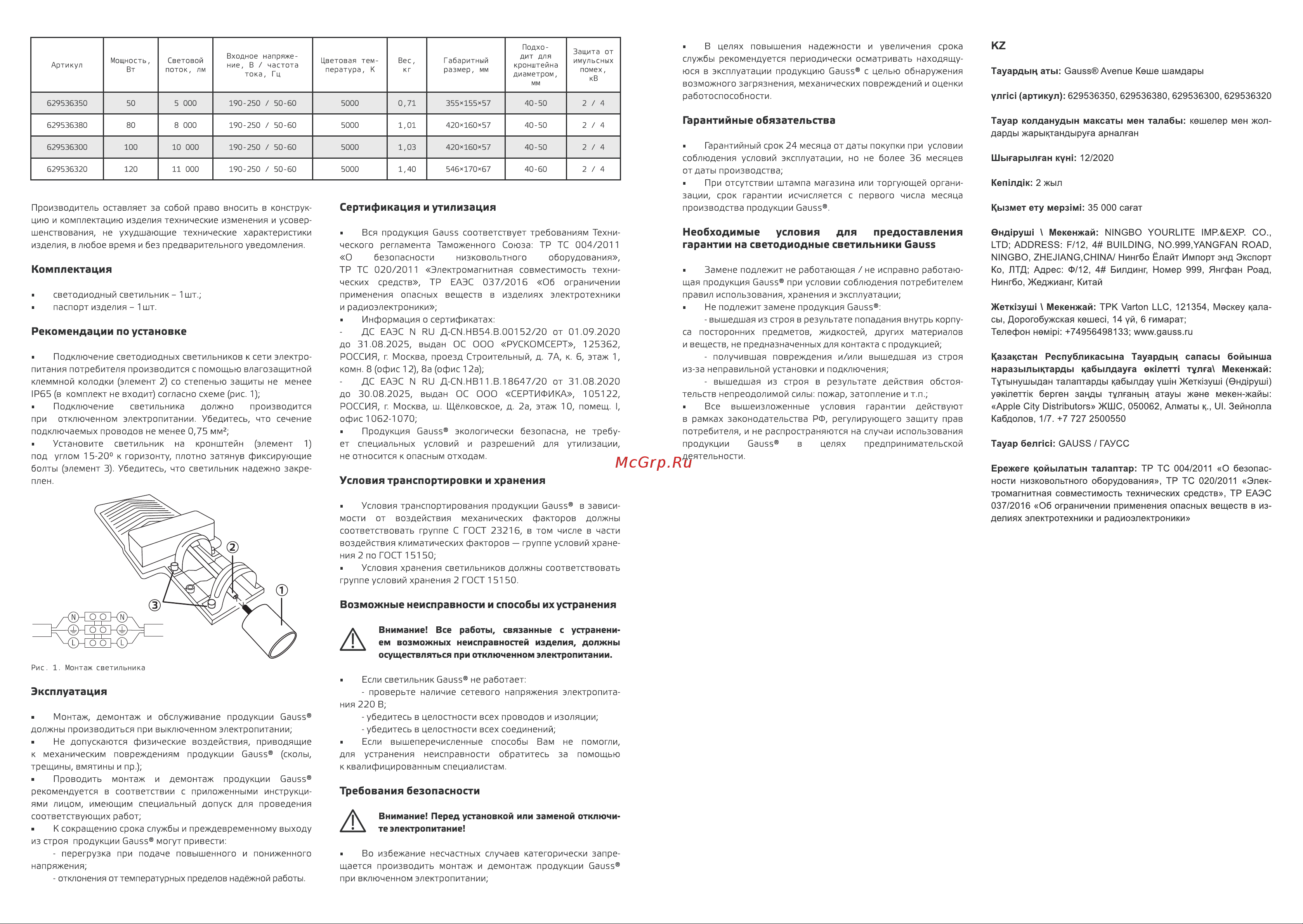 Gauss LED Avenue IP65 420х160х57 100W 10000lm 5000K 190-250V КСС Д 629536300 Паспорт онлайн [2/2] 853966