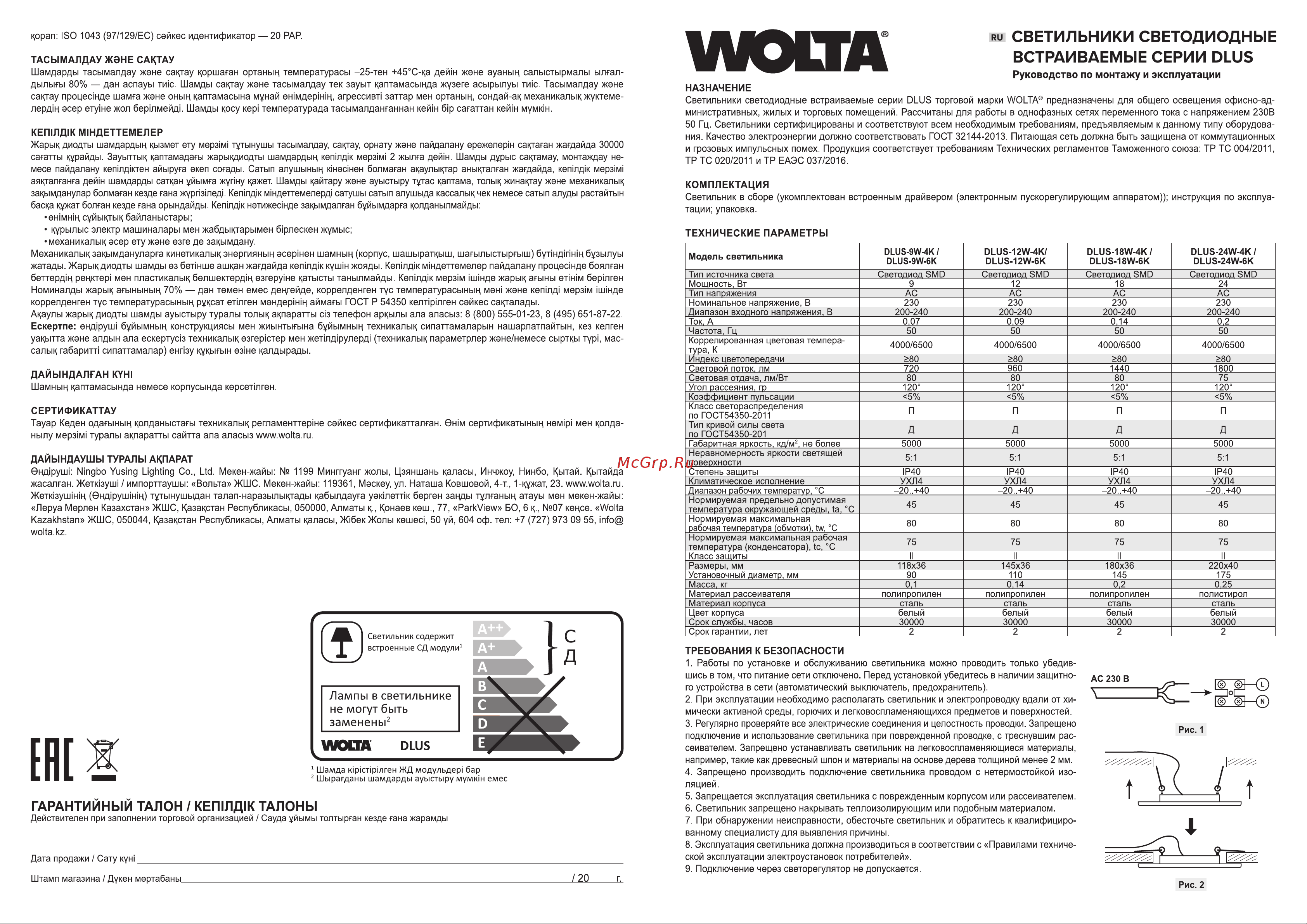 Wolta 18 Вт круглый, 1440 Лм, 6000K Холодный белый, панель DLUS-18W-6K Паспорт онлайн