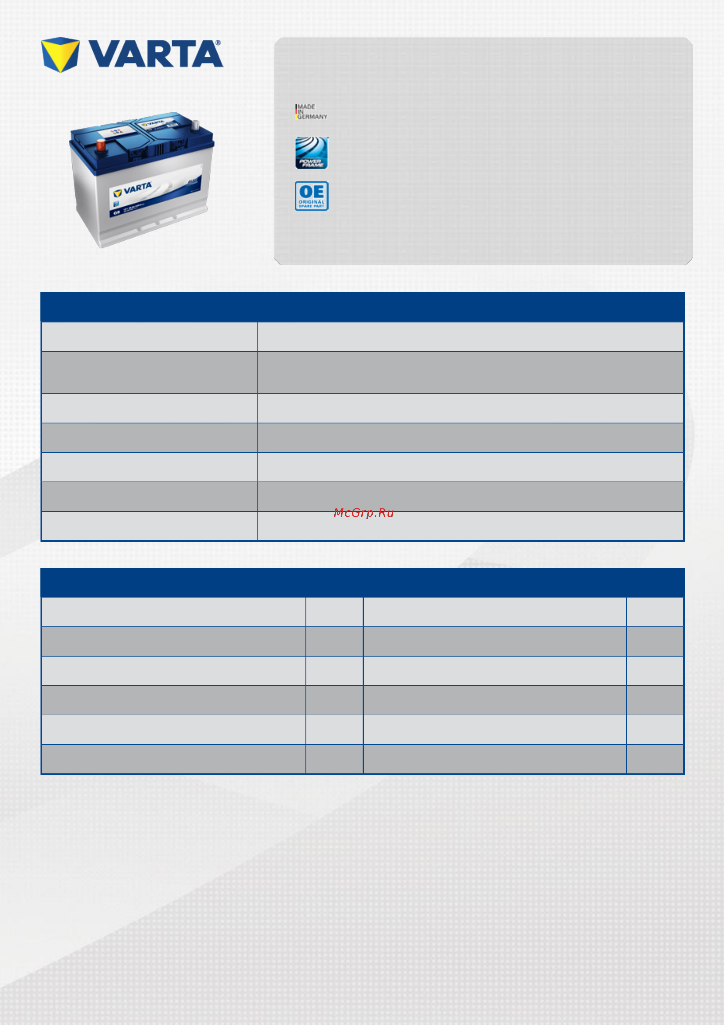 Varta 6СТ95з BD 306х175х225 595 405 083 313 2 G8 Инструкция к Varta 6СТ95з BD 595 405 083 313 2 G8 онлайн