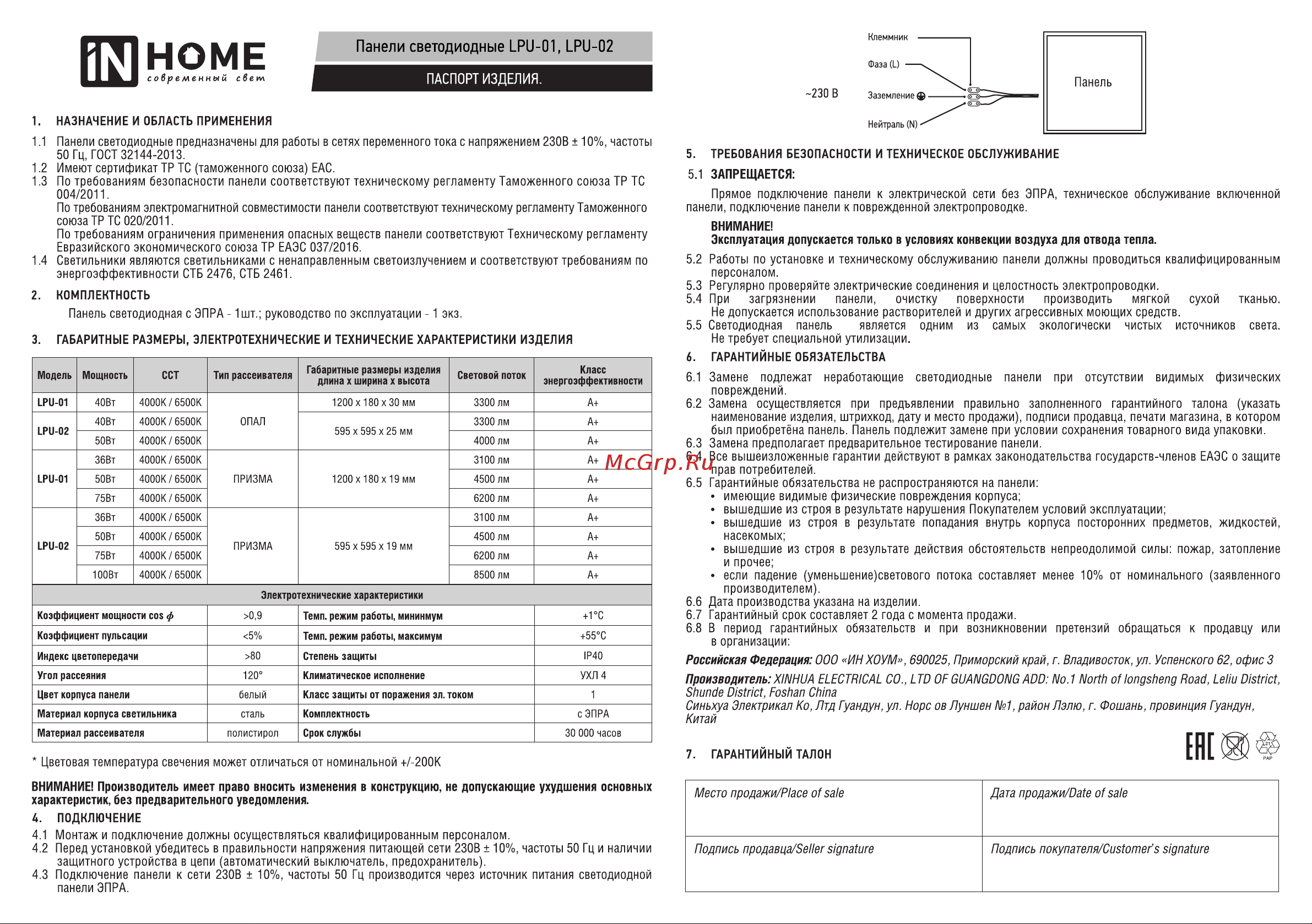IN HOME LPU-01 75Вт, ПРИЗМА, 230В, 4000K, 7125Лм, 180х1195х19мм, IP40 4690612029849 Паспорт изделия онлайн