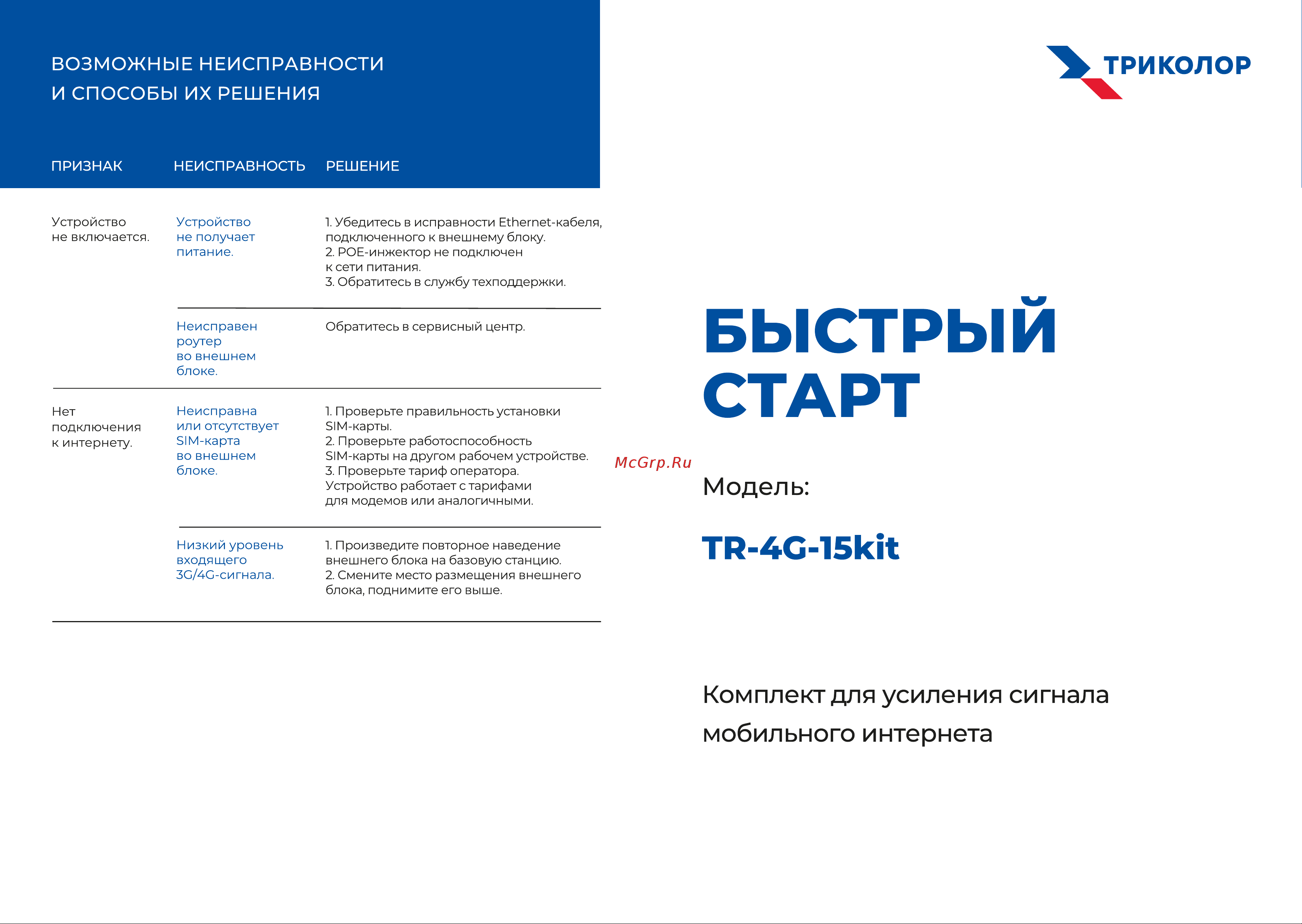 Триколор (15 дб), TR-4G-15kit Быстрый старт онлайн