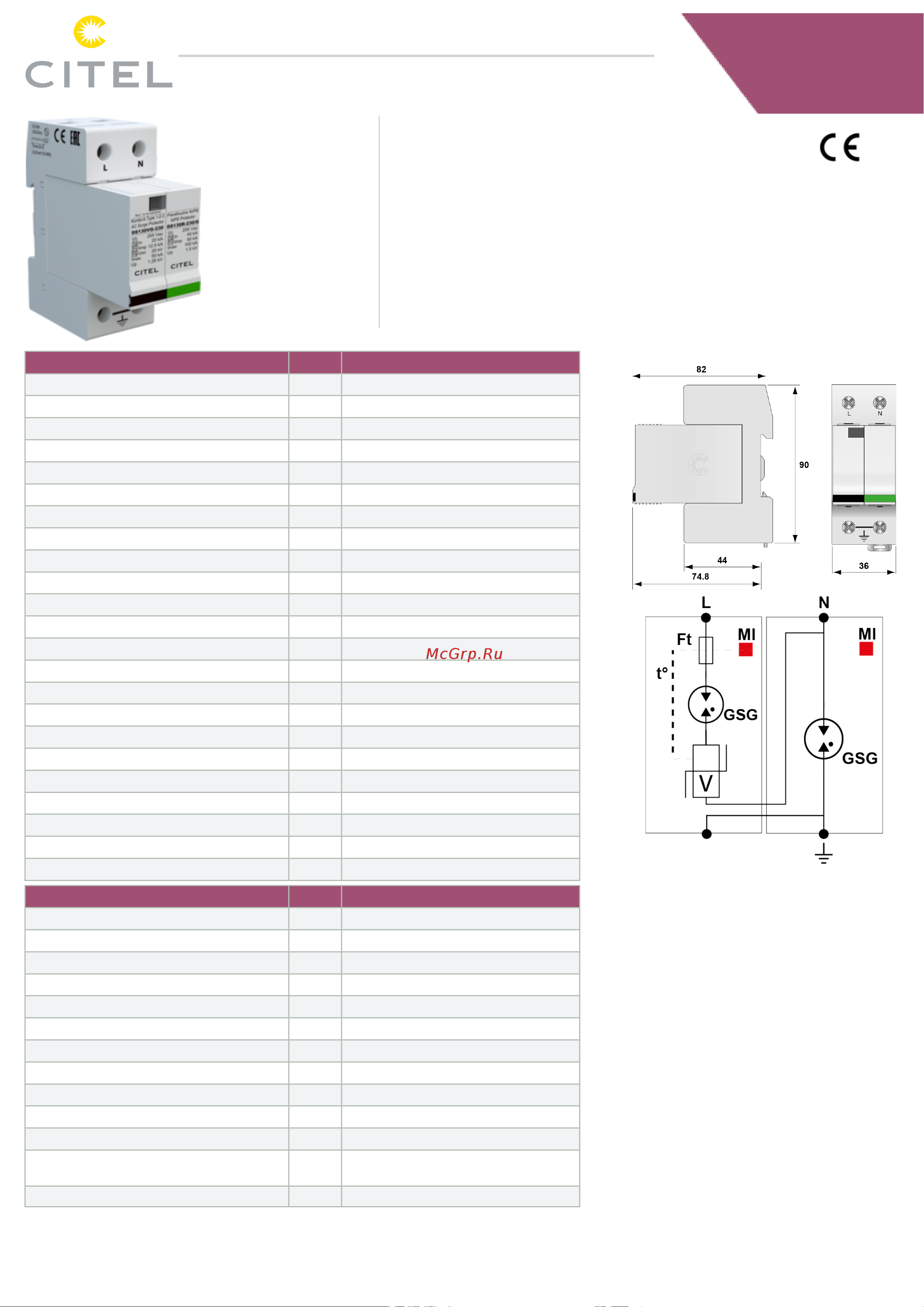 CITEL УЗИП тип 1+2+3 DS132VGS-230/G 571572 Технические характеристики DS132VGS-230/G онлайн