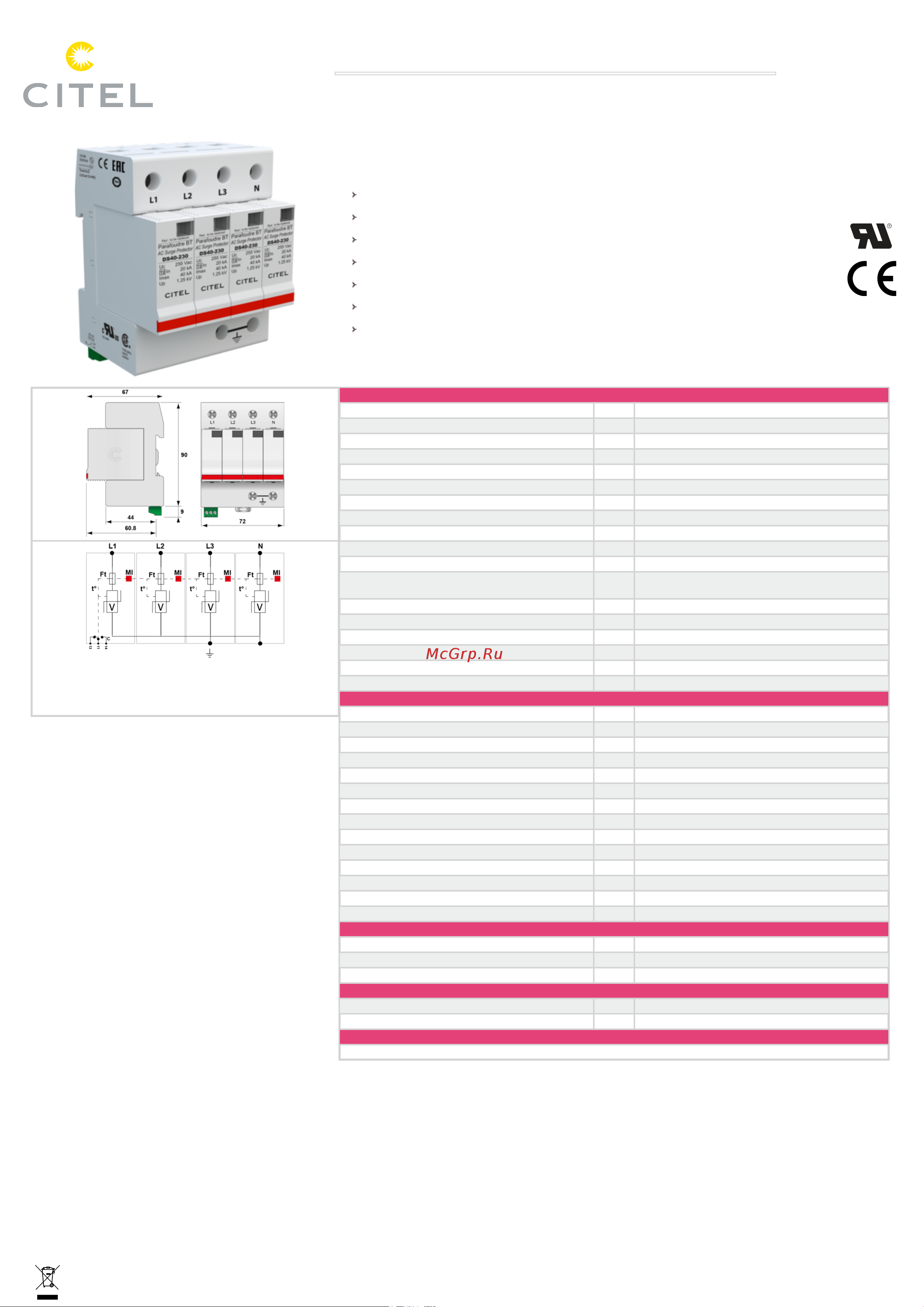 CITEL УЗИП тип 2 DS44S-230 461522 Технические характеристики онлайн