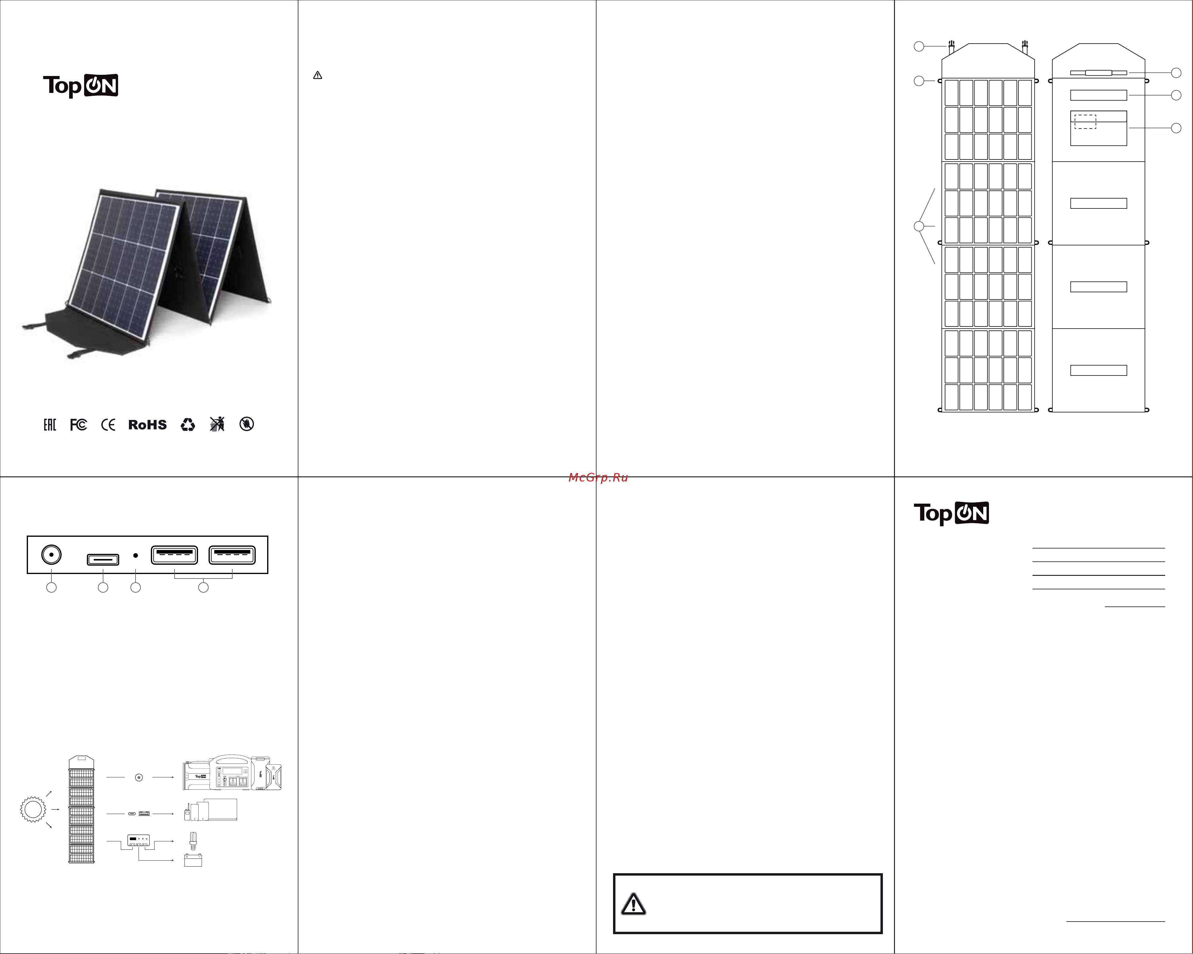 TopOn 200W 18V DC, Type-C PD 60W, USB QC3.0 18W, USB 12W, на 4 секции TOP-SOLAR-200 Инструкция онлайн