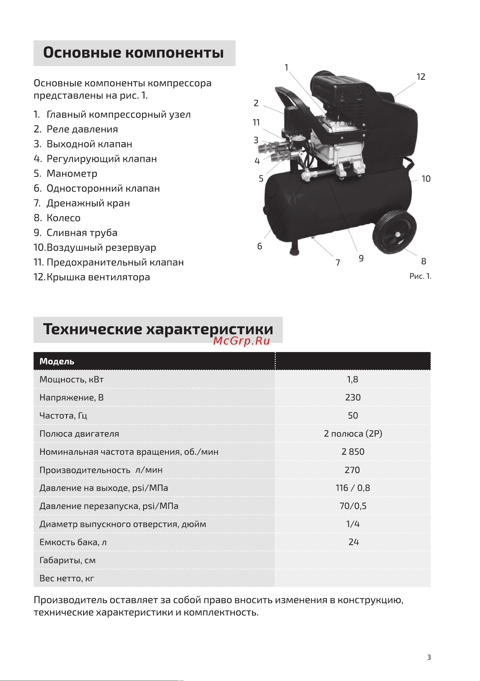 ELECTROLITE  270/24 EL ресивер 24 литра, 270 л/мин, 1800 Вт, 8 Атм, электрический, 220В, передвижной, цилиндровый 4834 Инструкция по эксплуатации онлайн [3/15] 857920