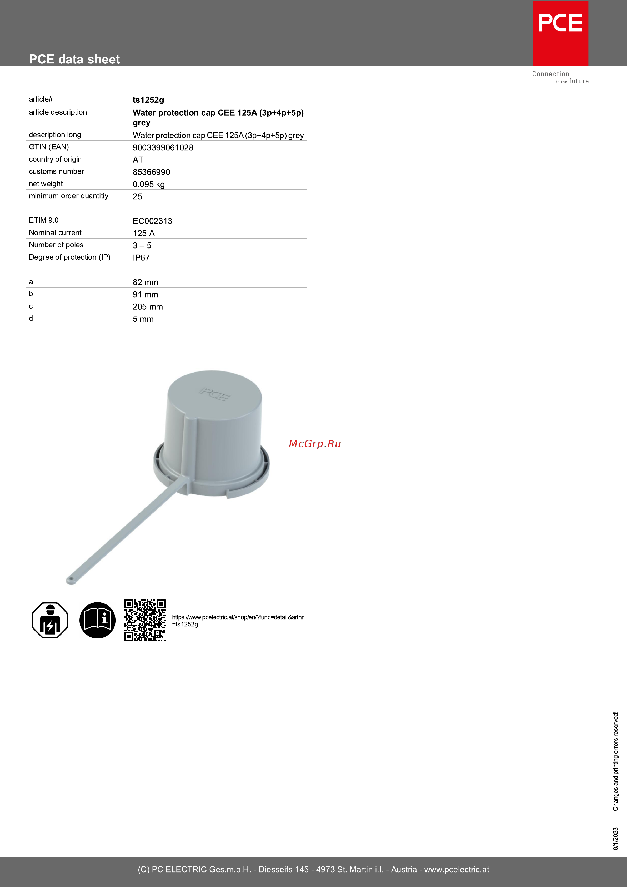 PCE 125A IP67 ts1252g data онлайн