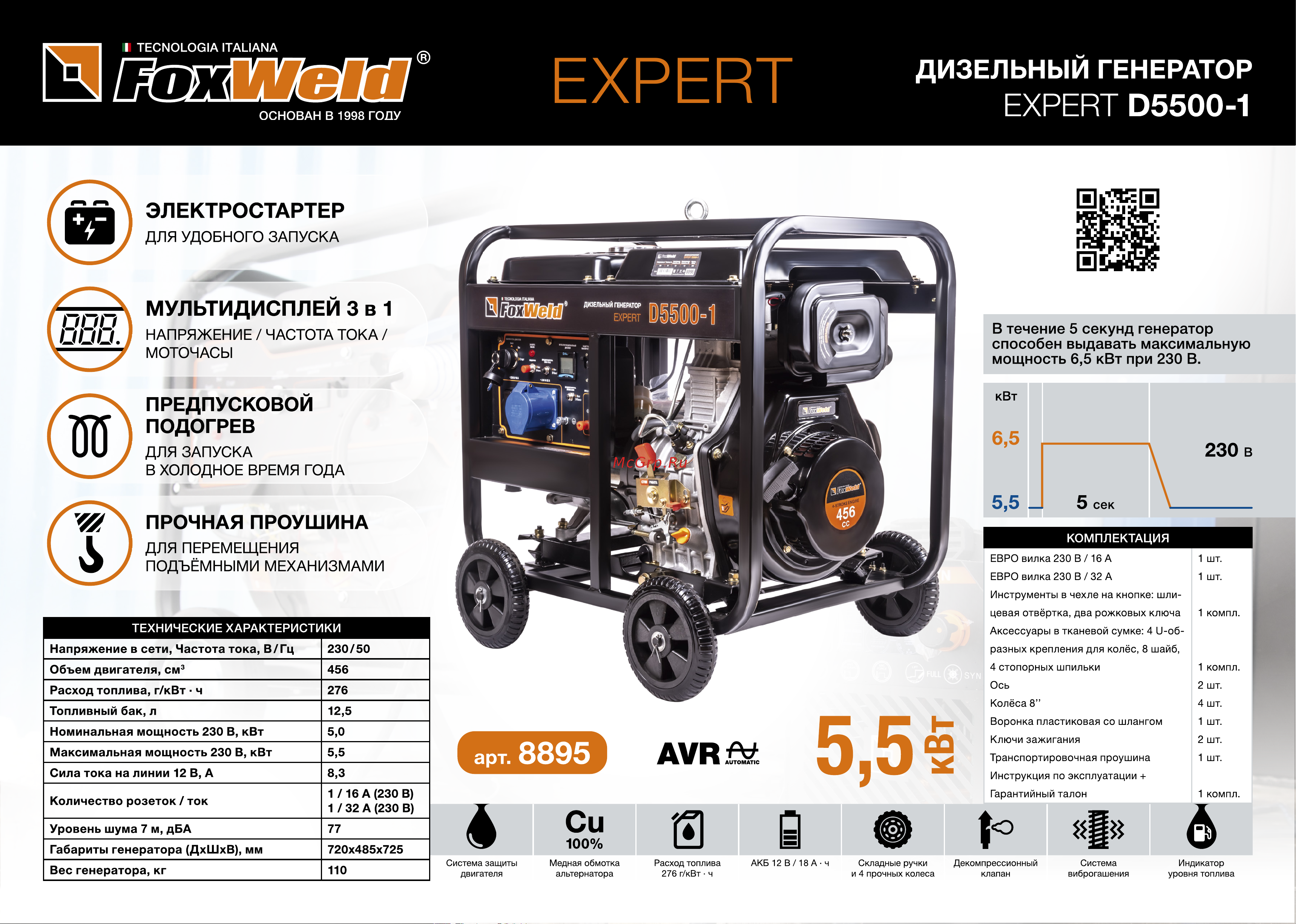 Foxweld expert d5500-1, 5.0-5.5 квт, 1ф, розетки 1x16a + 1x32a, ппп, мфд 3в1 8895 8895 listovka Diesel Generator Expert D5500-1 онлайн