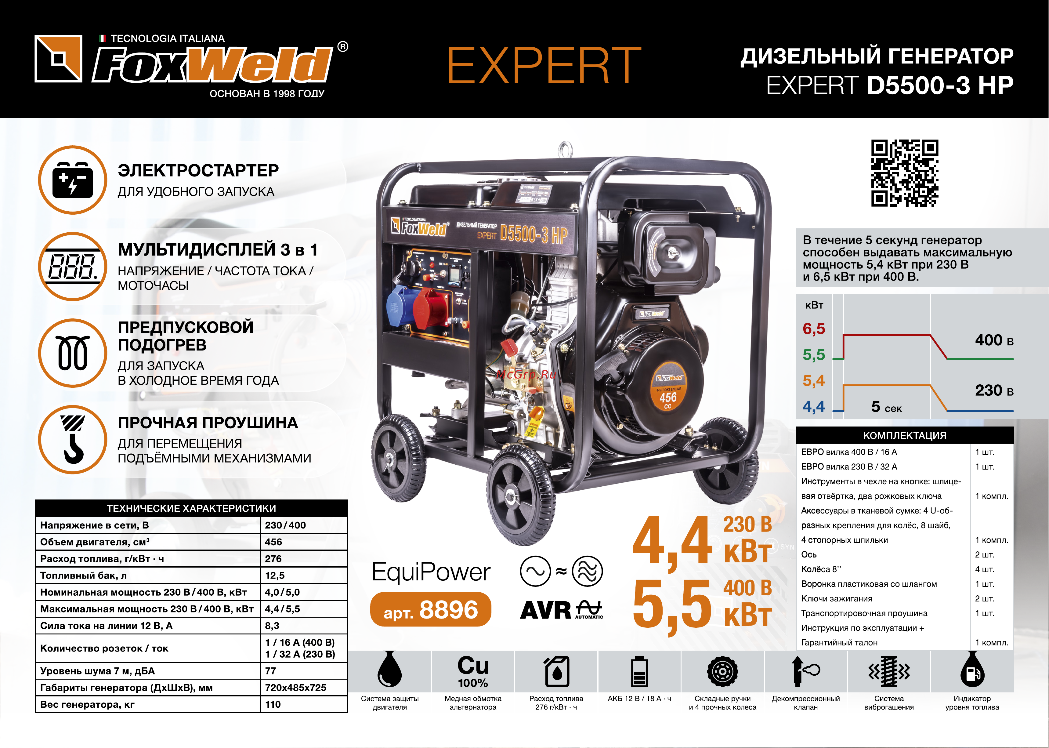 Foxweld expert d5500-3 hp, 5.0-5.5 квт, 1ф=3ф, розетка 400В/16А, розетка 230В/32А 8896 8896 listovka Diesel Generator Expert D5500-3 HP онлайн