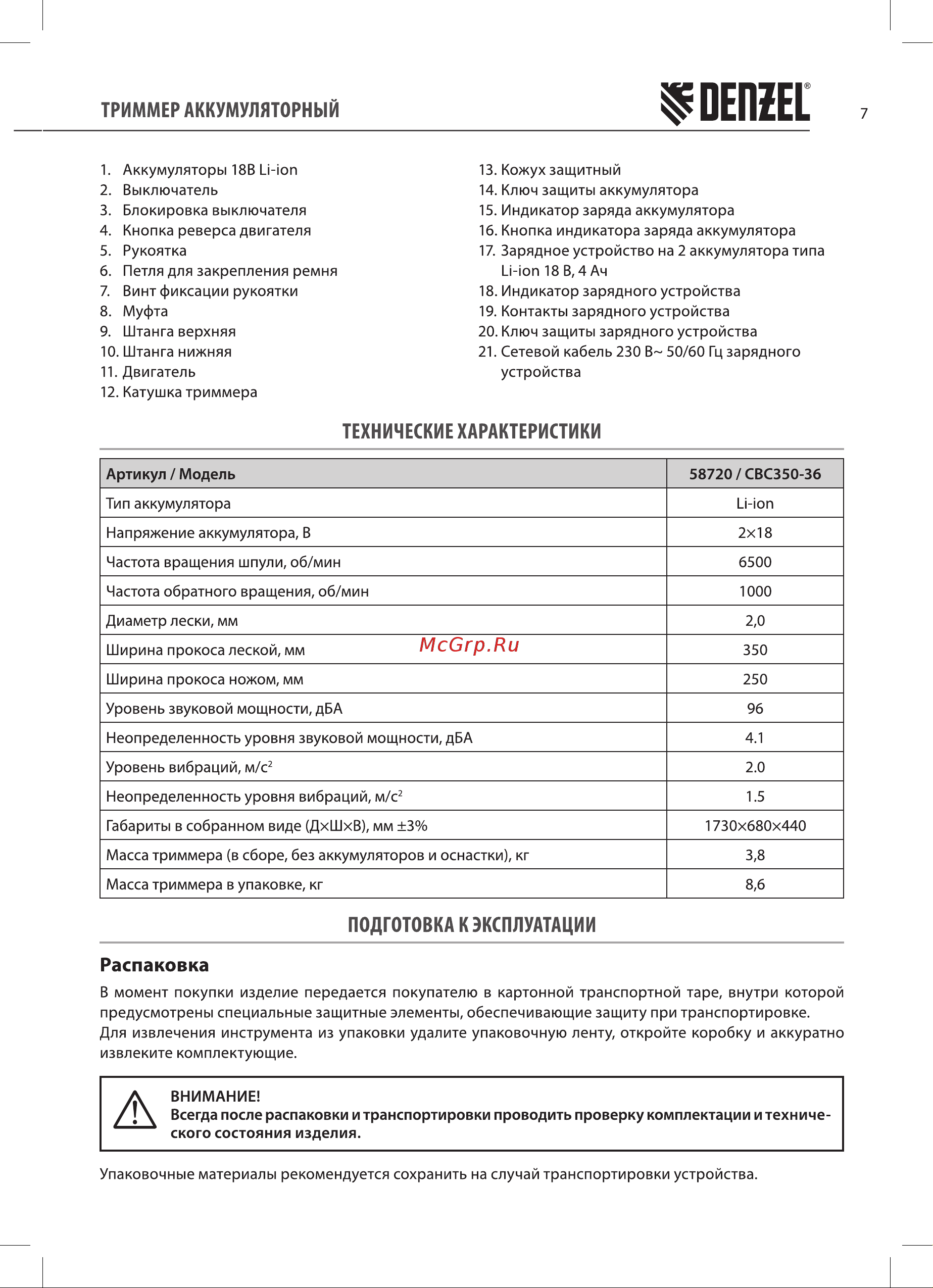 Denzel CBC350-36, Li-ion, 36 В 58720 Инструкция онлайн [7/20] 862281