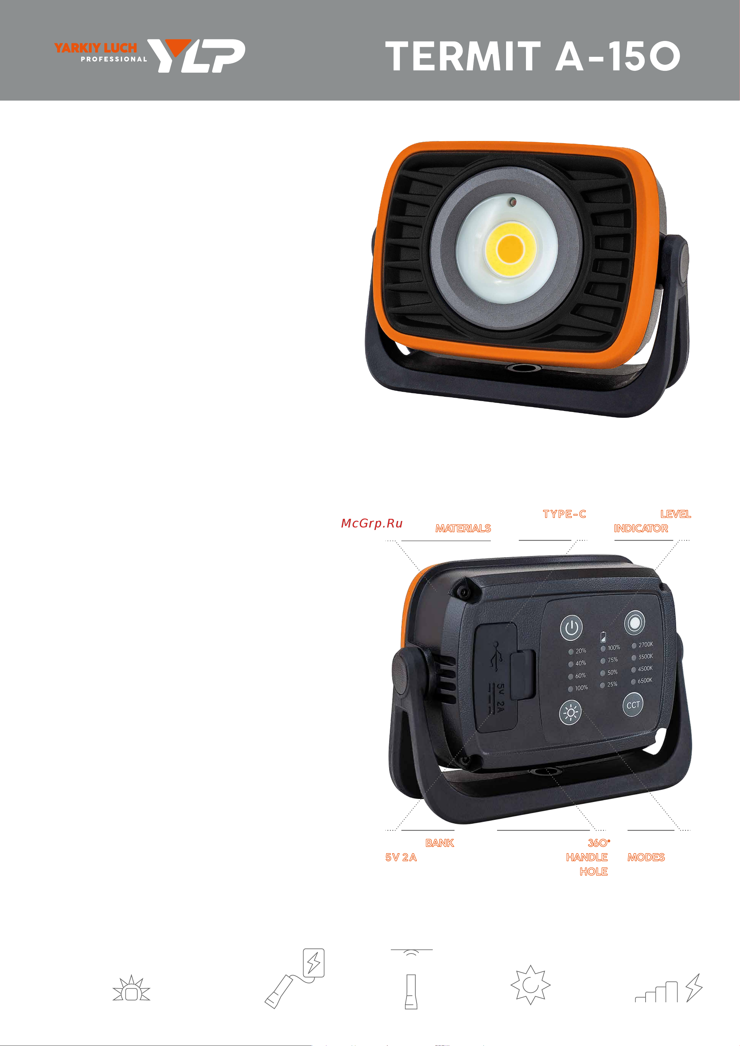 ЯРКИЙ ЛУЧ YLP A-150 Termit COB max1500лм 4реж+SMD красный 2реж,IPX4, Li-Ion 4606400006909 Описание онлайн