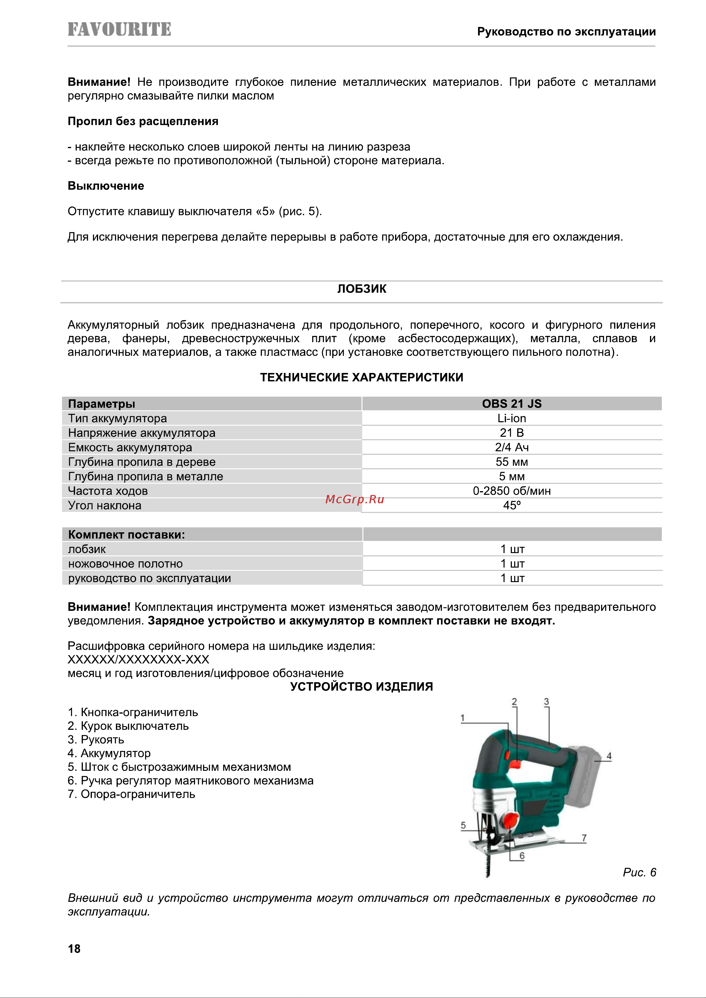 Favourite Li-ion, 21 В OBS 21 JS Инструкция к товару онлайн