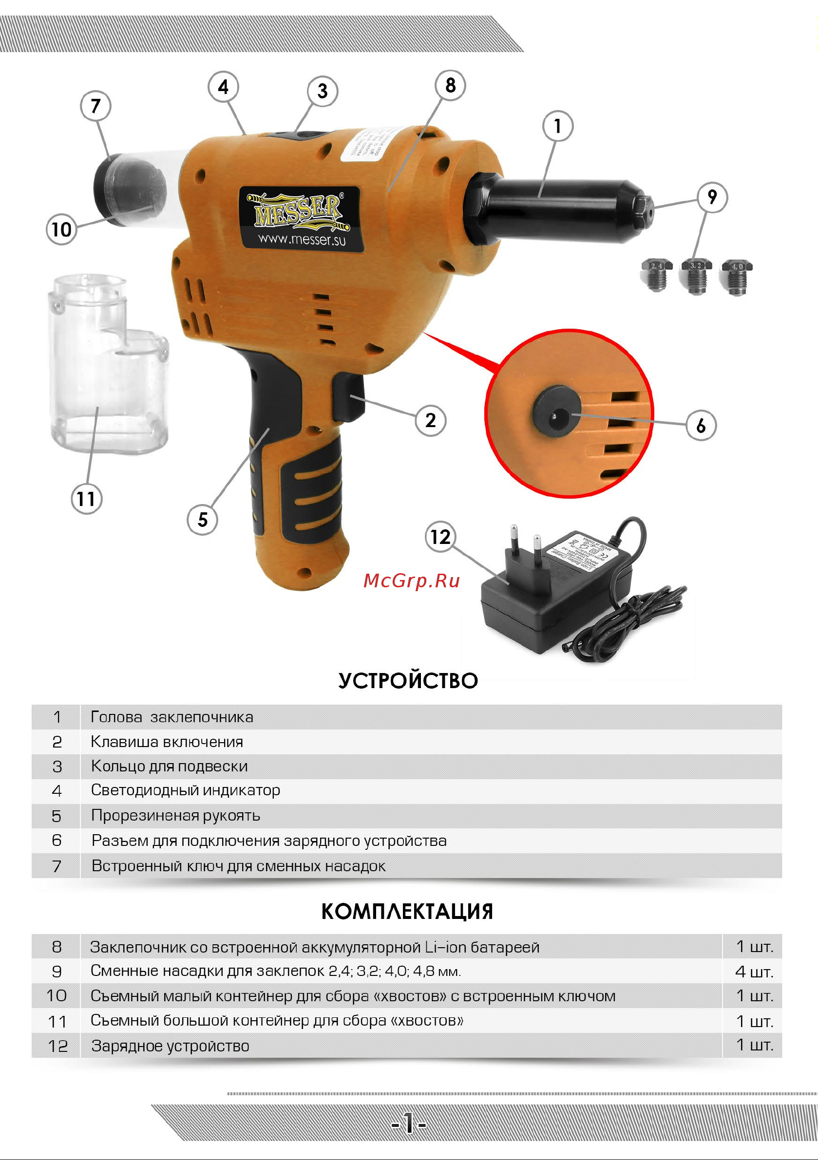 Messer M6000 05-32-600 Инструкция к Аккумуляторному заклёпочнику MESSER M6000 онлайн [2/12] 865601