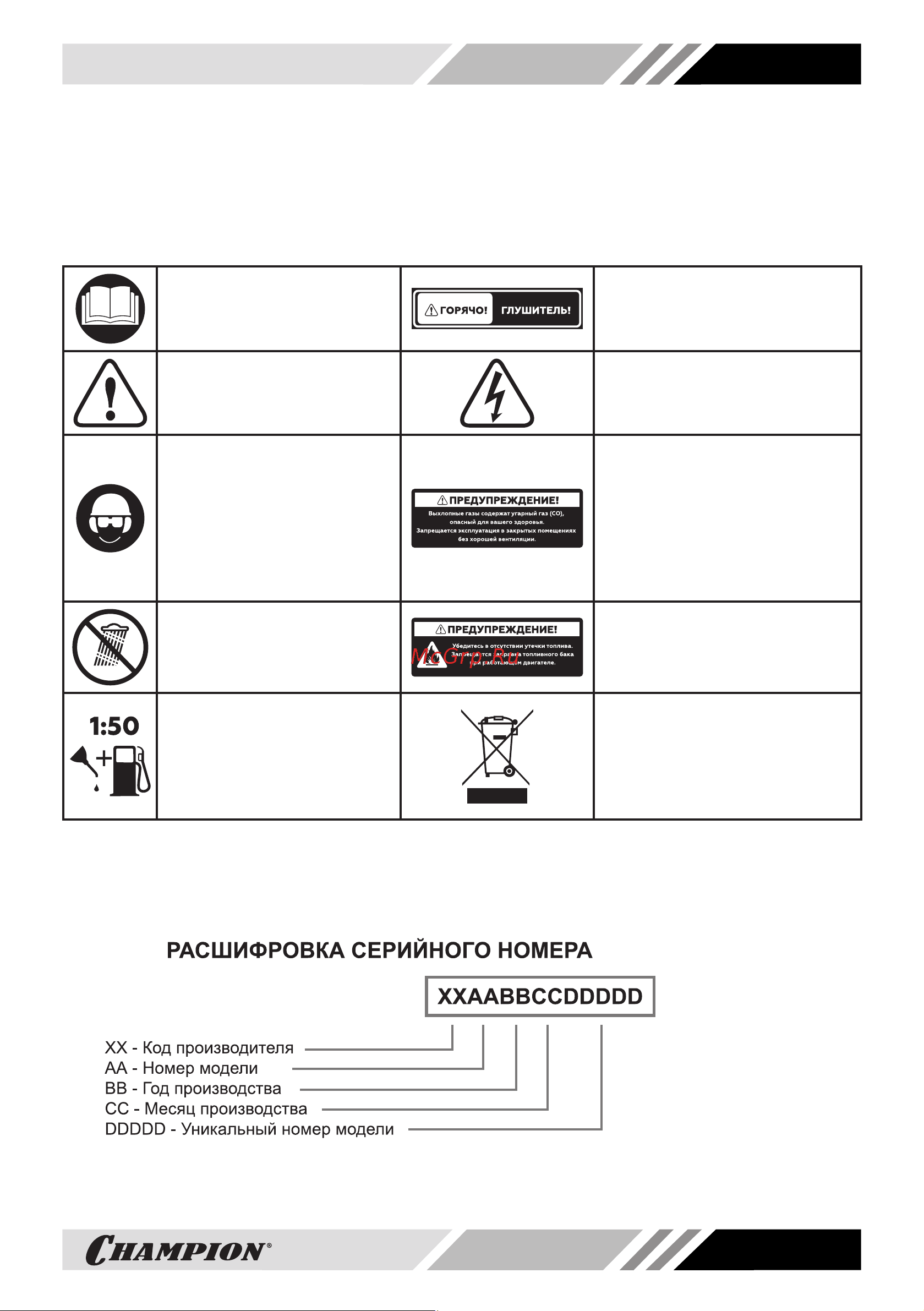 Champion 1/1.1кВт 1.86 л.с., 2Т, 2.2 л, 12В, 11.8 кг IGG1001 РУКОВОДСТВО ПО ЭКСПЛУАТАЦИИ ГЕНЕРАТОР ИНВЕРТОРНЫЙ IGG1001 онлайн [5/36] 868544