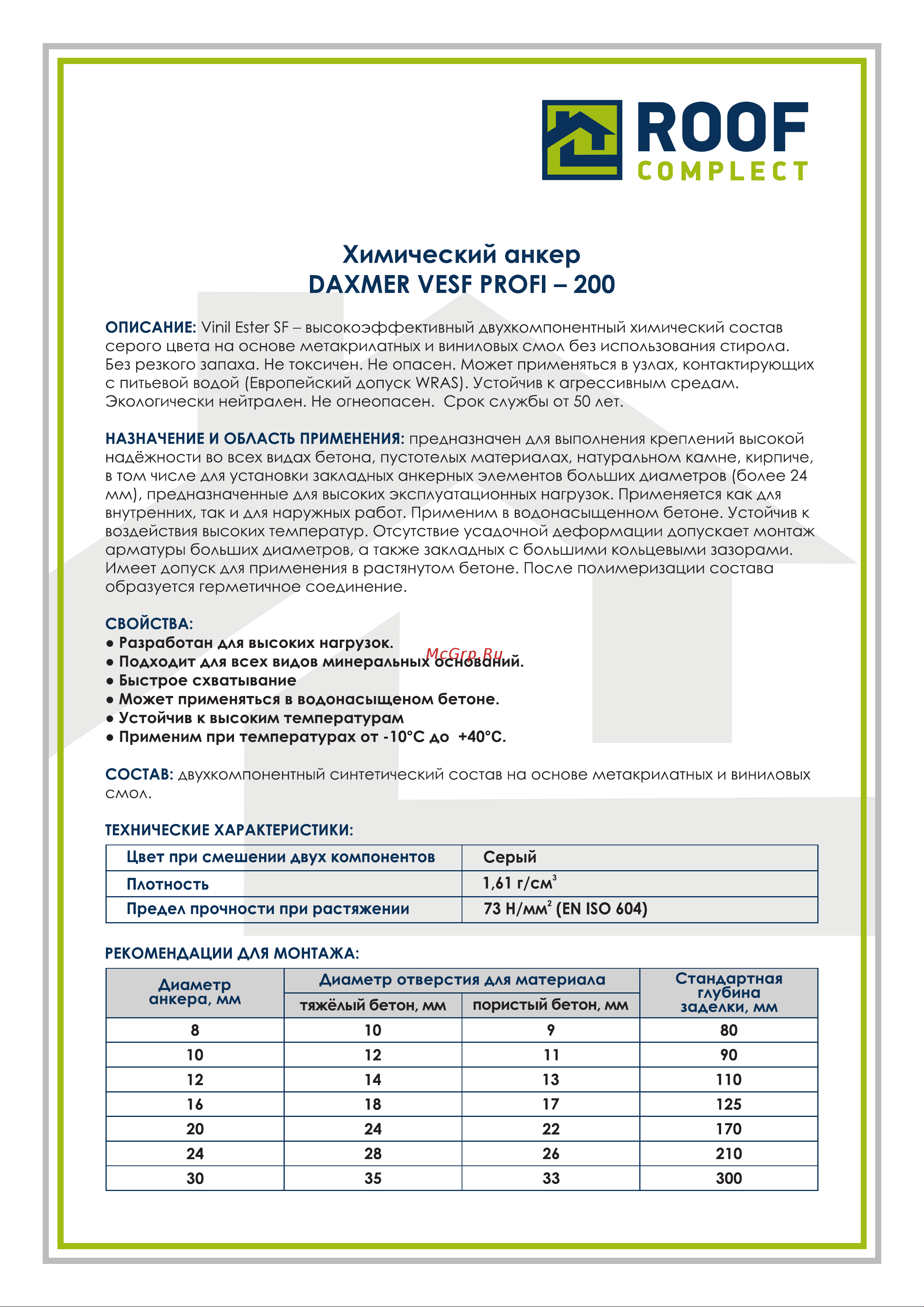 Daxmer Химический анкер VESF PROFI 200 410 мл 00000439201 Тех. карта онлайн