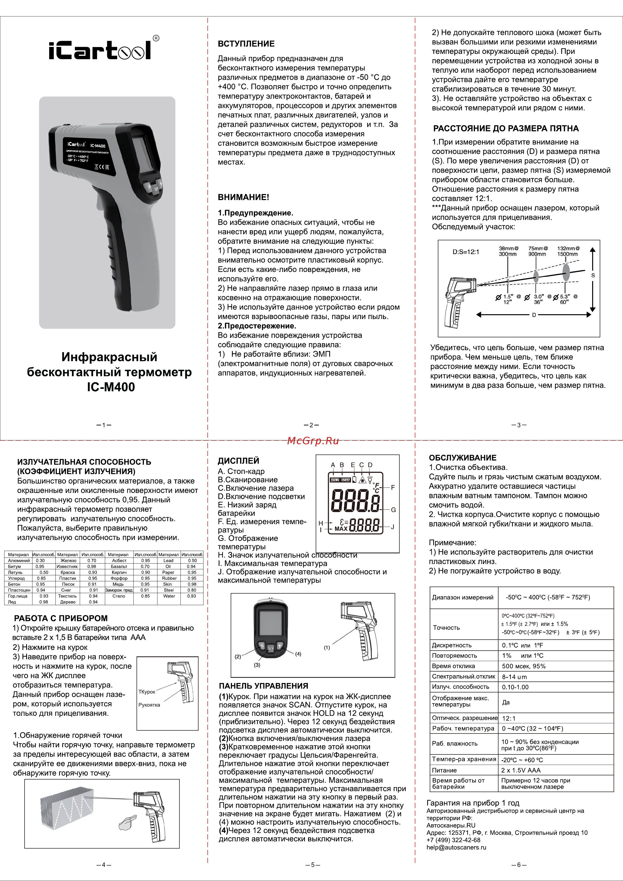 iCartool t -50 /+400 °С, разрешение 12:1, лазер 2 класса IC-M400 Инструкция IC-M400 онлайн