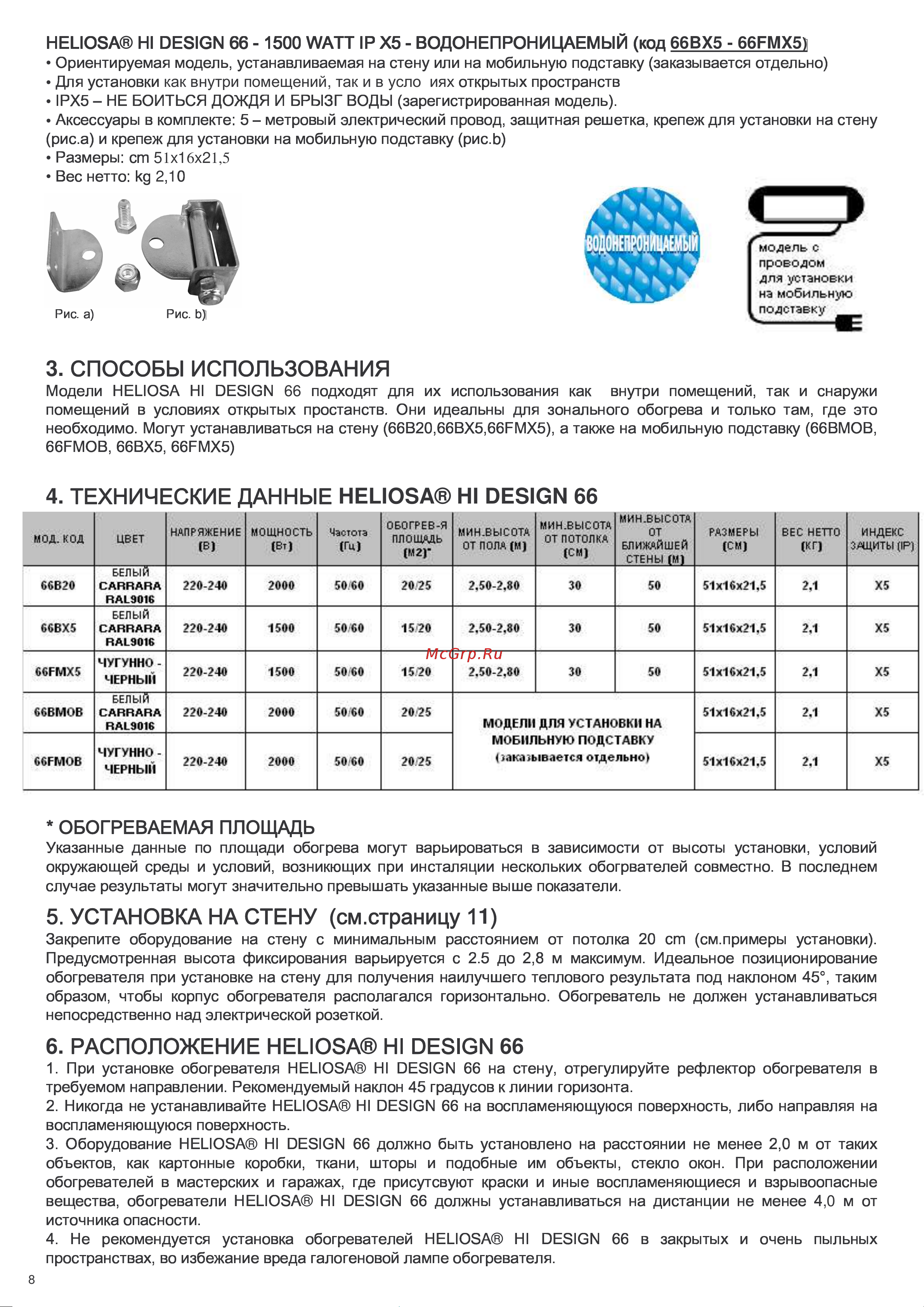 HELIOSA HI DESIGN IPX5 2000Вт белый 66ВMOB Инструкция к HELIOSA 66FMOB онлайн [8/16] 871180