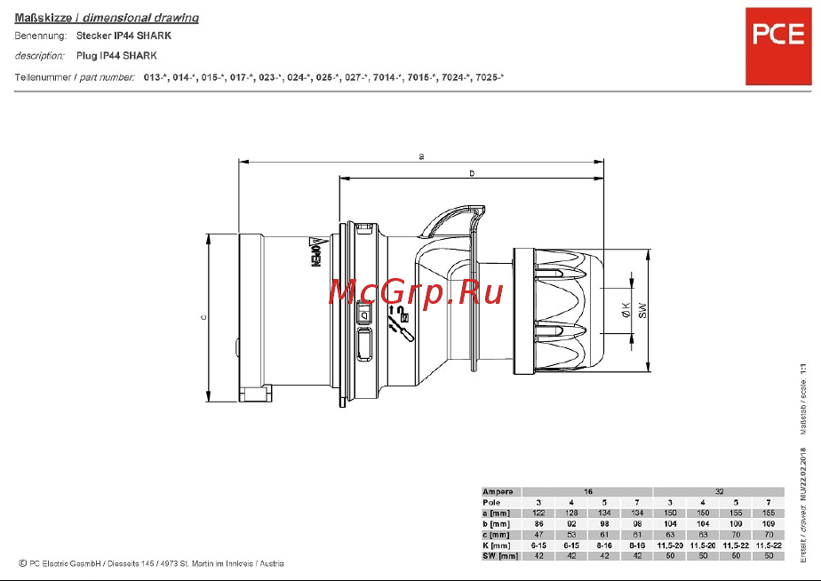 PCE 16А 230V 1P+N+E IP44 013-6 Техническая документация и характеристики онлайн
