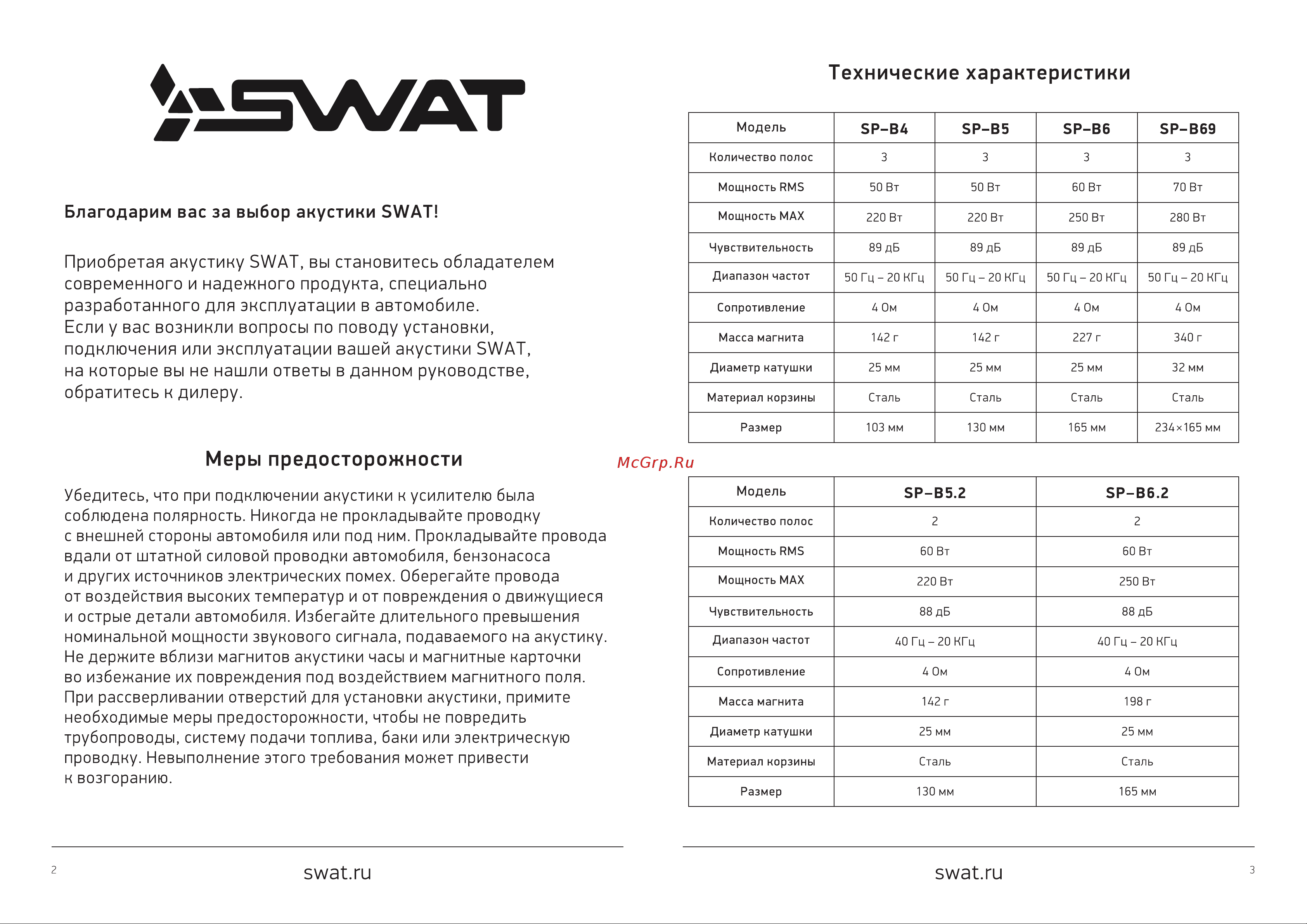 SWAT SP-C69 Руководство по эксплуатации онлайн [2/2] 874488