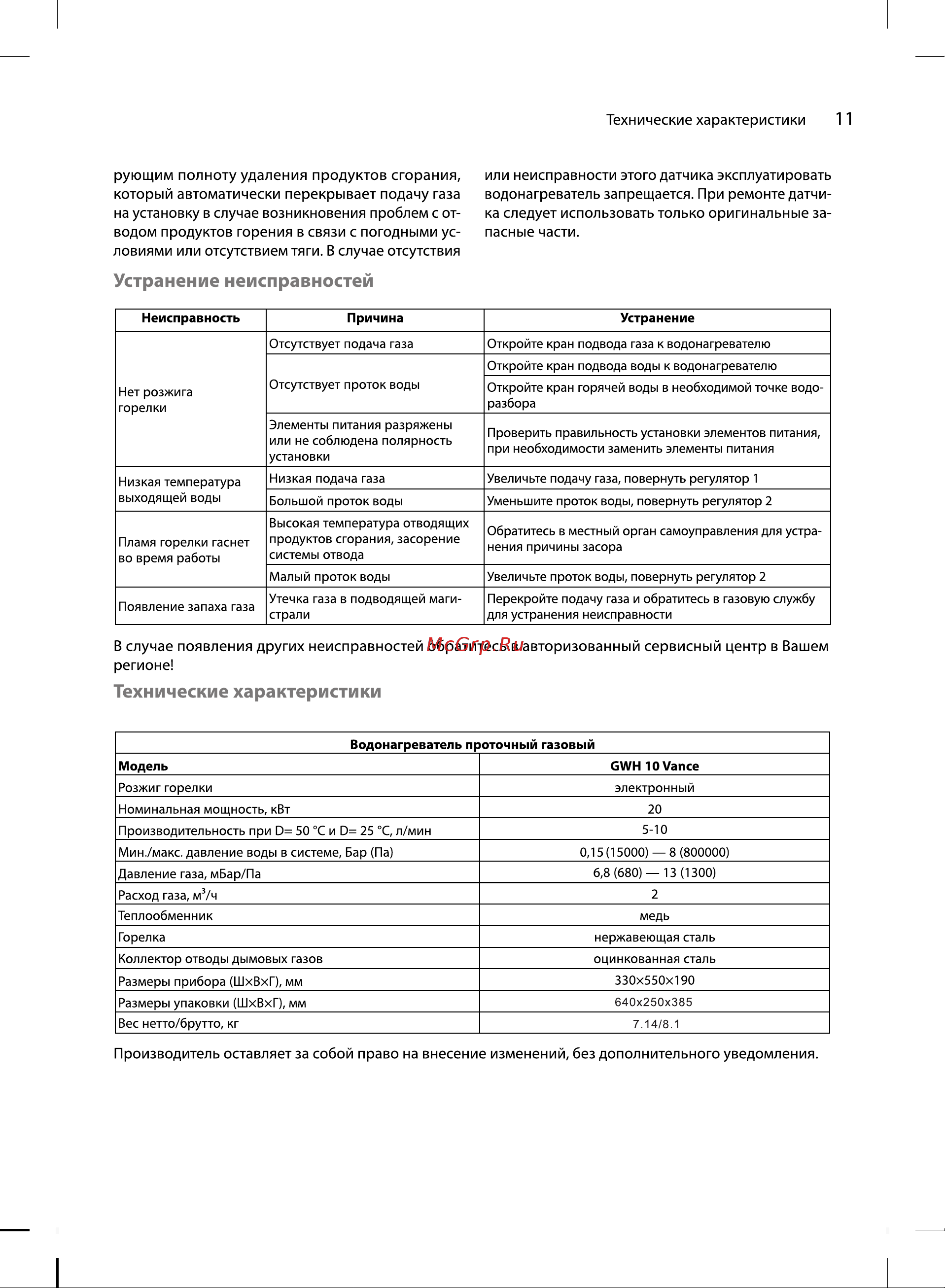 Ballu GWH 10 Vance Руководство по эксплуатации онлайн [11/20] 879328