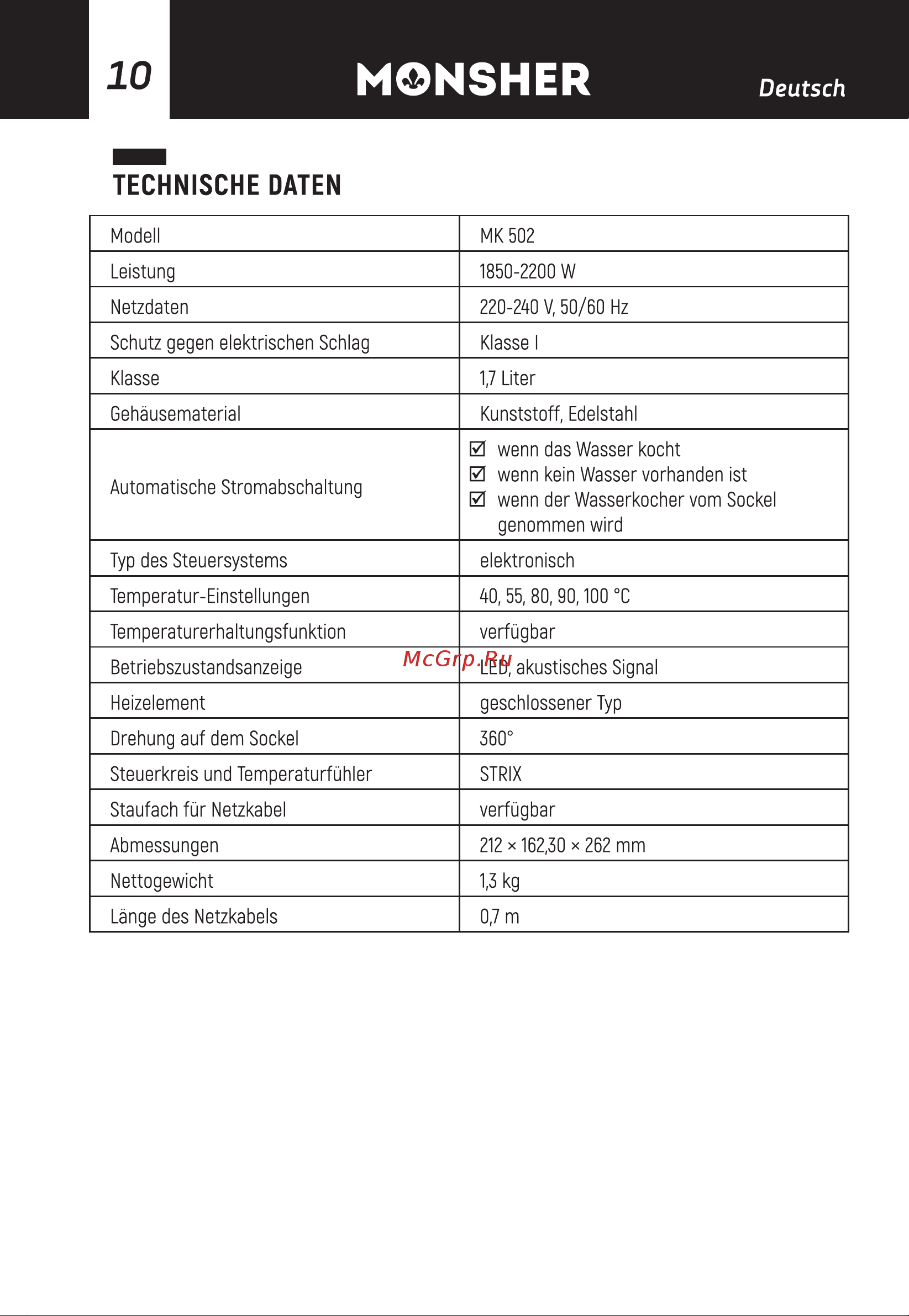 Monsher MK 502 Noir Руководство по эксплуатации онлайн [10/44] 875901