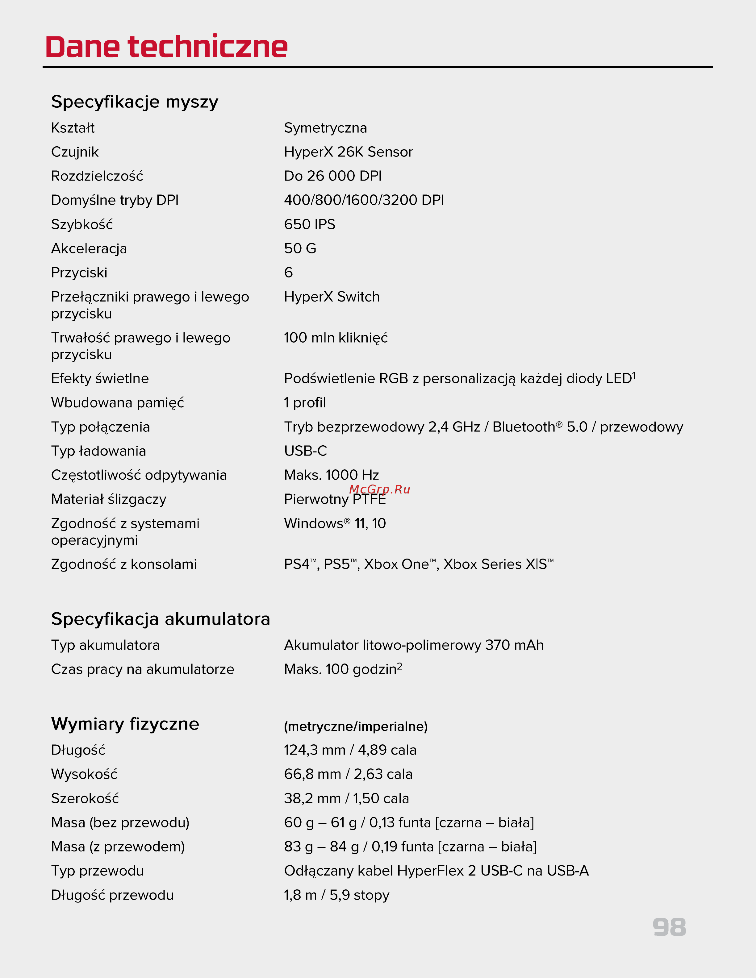 HyperX Pulsefire Haste 2 Wireless Black Руководство по эксплуатации онлайн [98/226] 889100