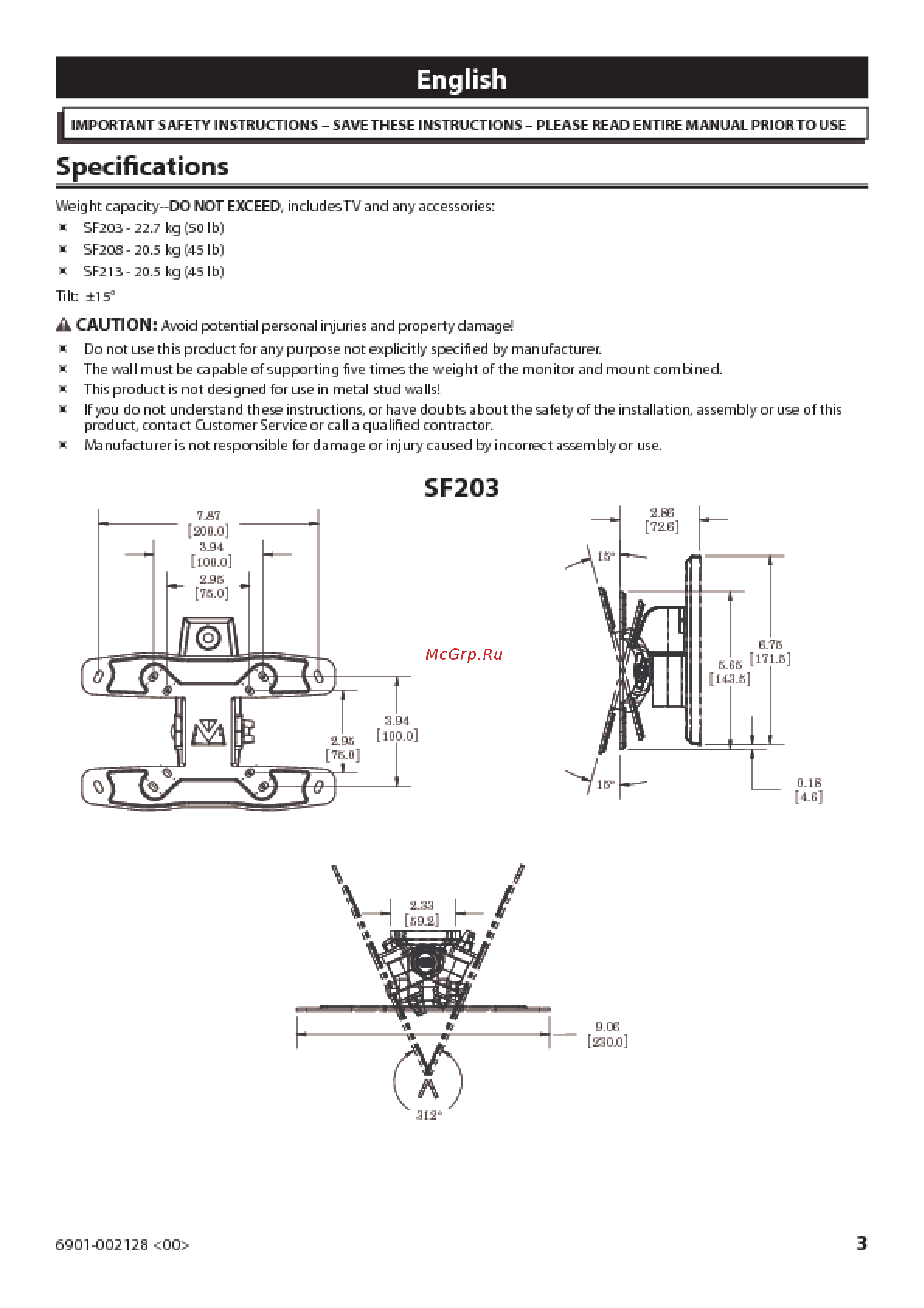 Sanus SF208-B1 Руководство по эксплуатации онлайн [3/40] 37286