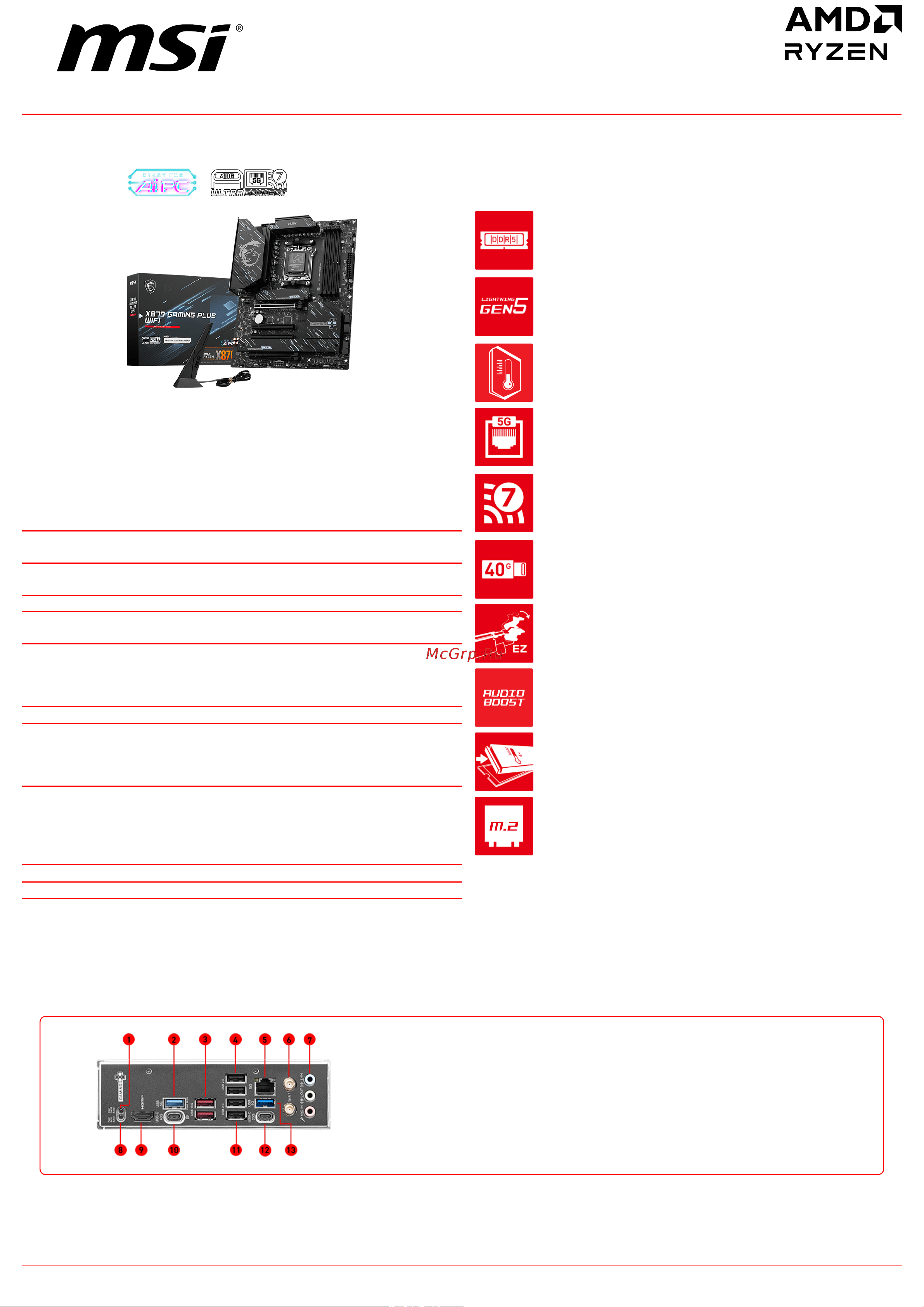 MSI X870 GAMING PLUS WIFI Спецификация онлайн