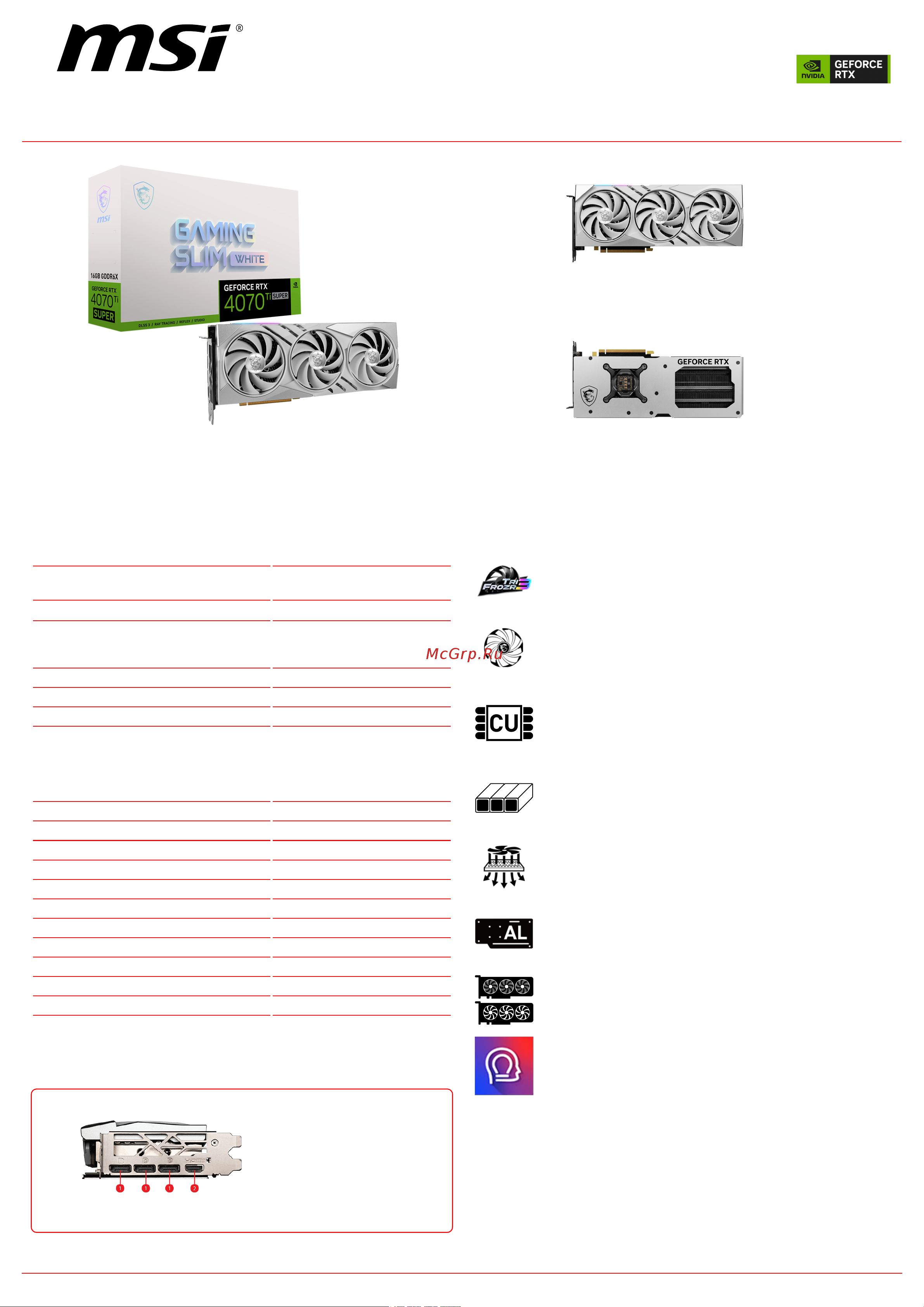 MSI GeForce RTX 4070 Ti SUPER 16G GAMING SLIM WHITE Спецификация онлайн