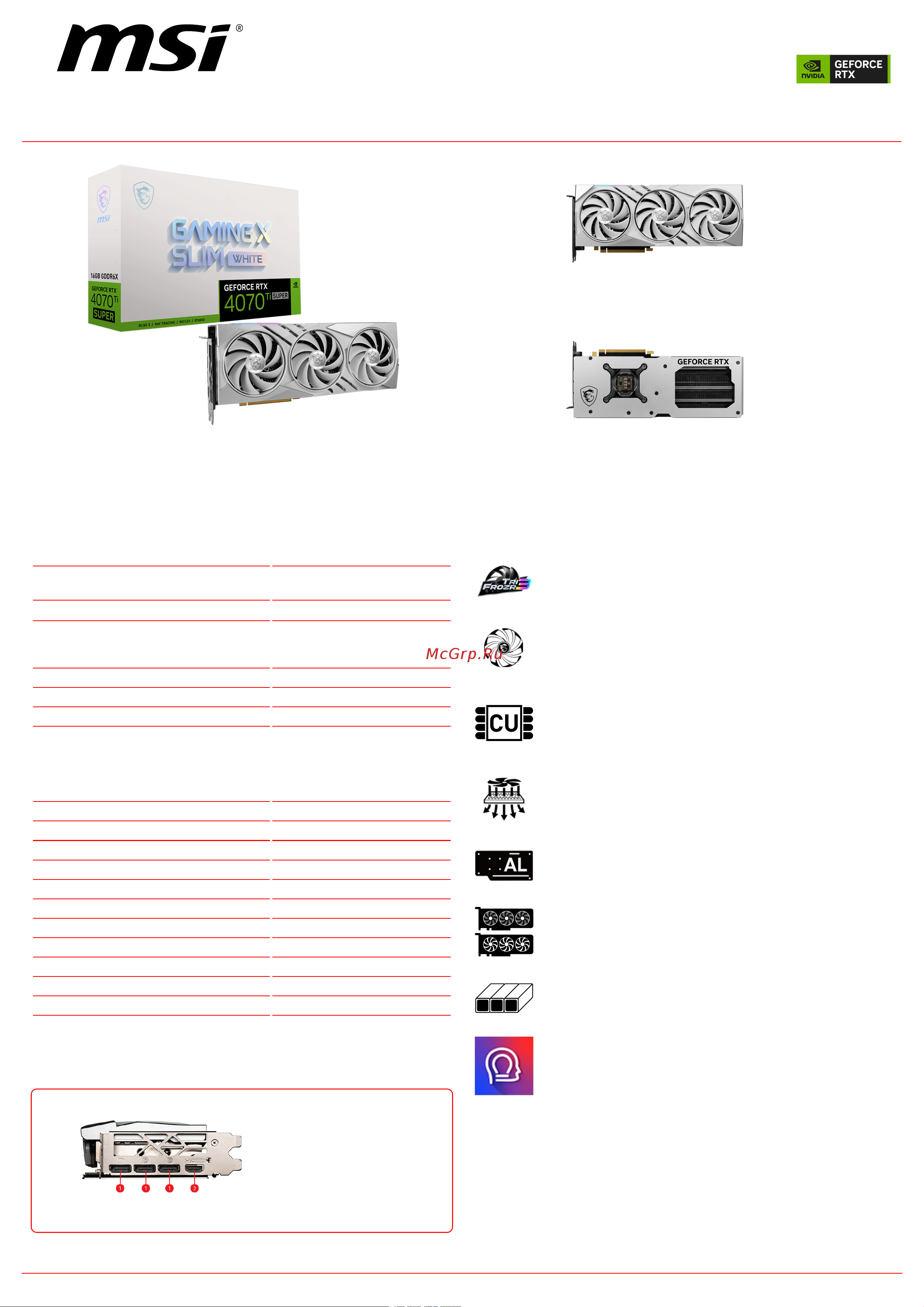 MSI GeForce RTX 4070 Ti SUPER 16G GAMING X SLIM WHITE Спецификация онлайн