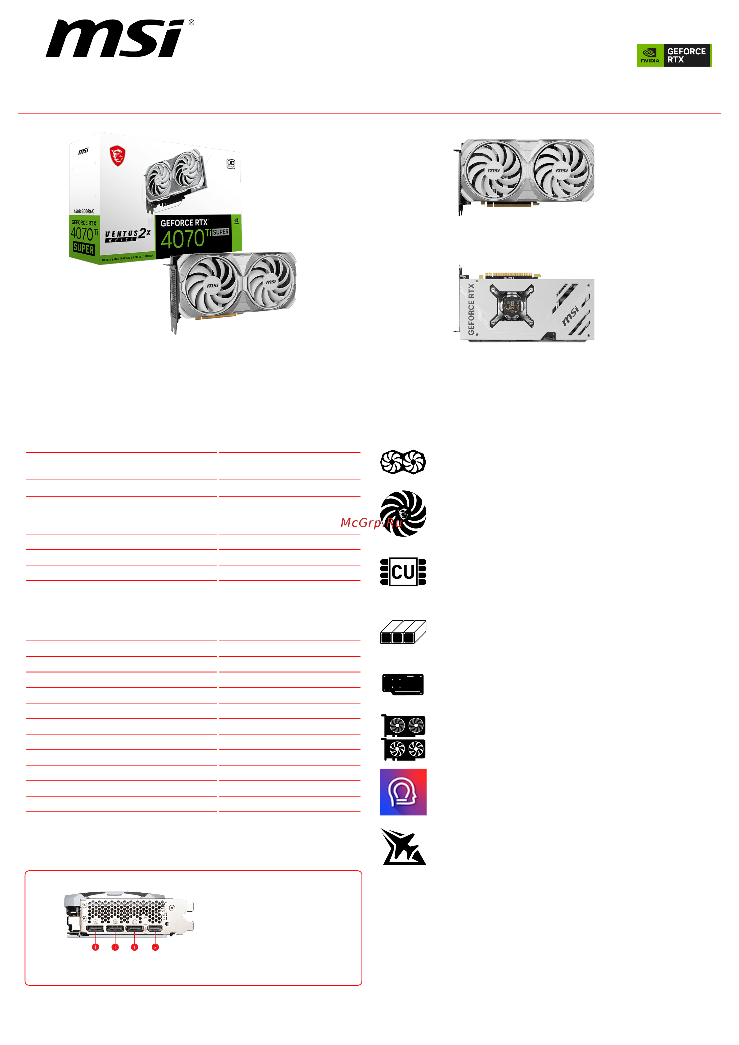 MSI GeForce RTX 4070 Ti SUPER 16G VENTUS 2X WHITE OC Спецификация онлайн