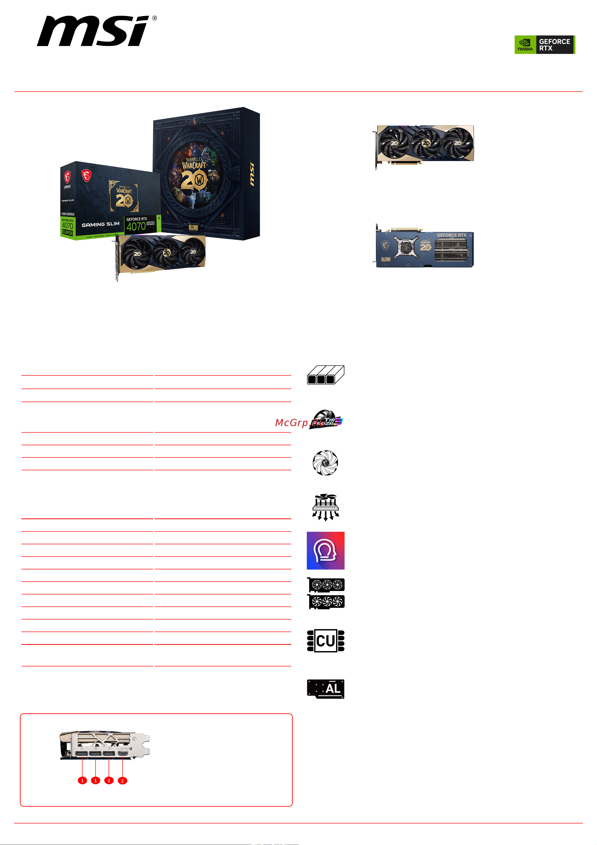 MSI GeForce RTX 4070 SUPER 12G GAMING SLIM World of Warcraft EDITION Спецификация онлайн