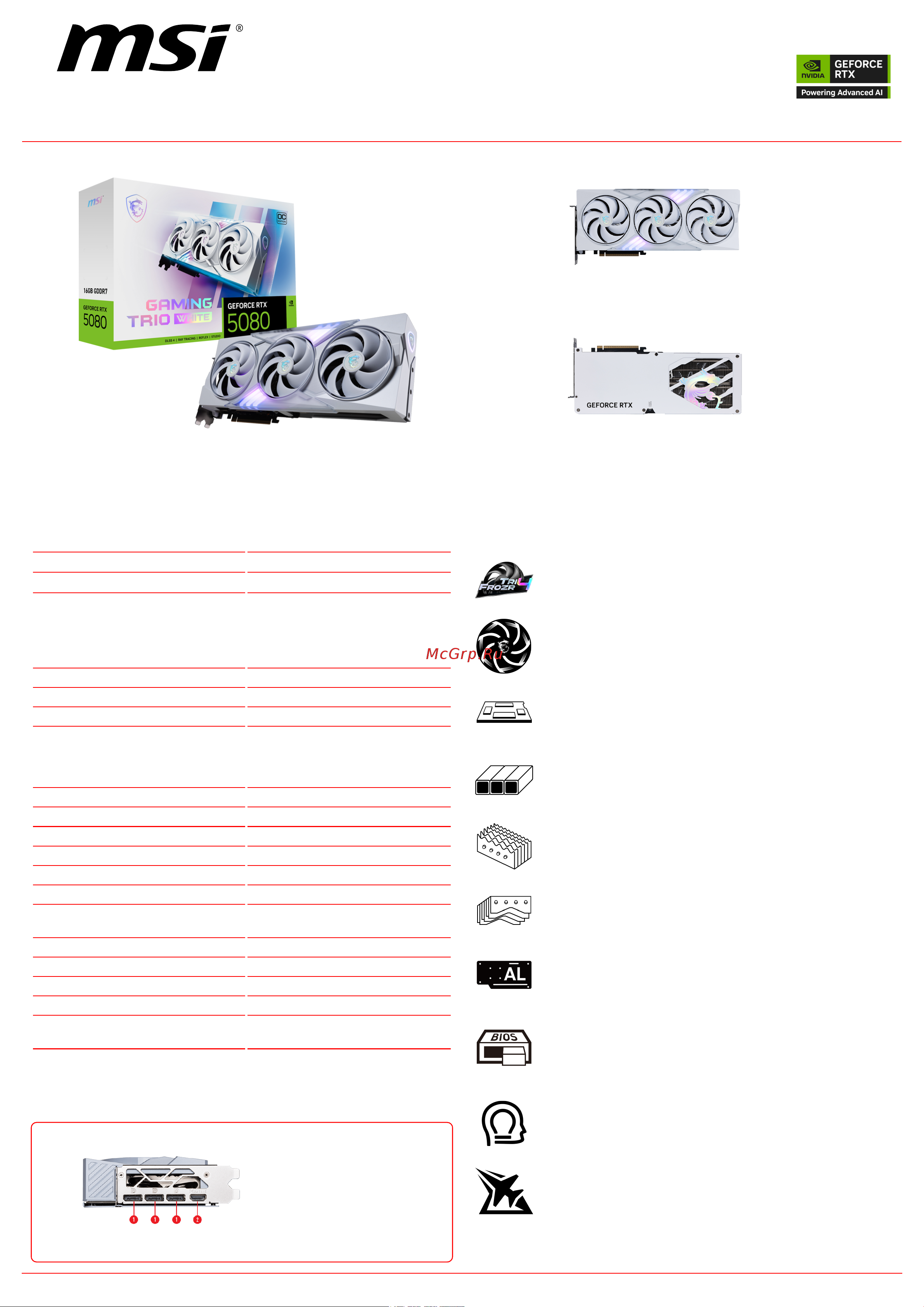 MSI GeForce RTX 5080 16G GAMING TRIO OC WHITE (G5080-16GTCW) Спецификация онлайн