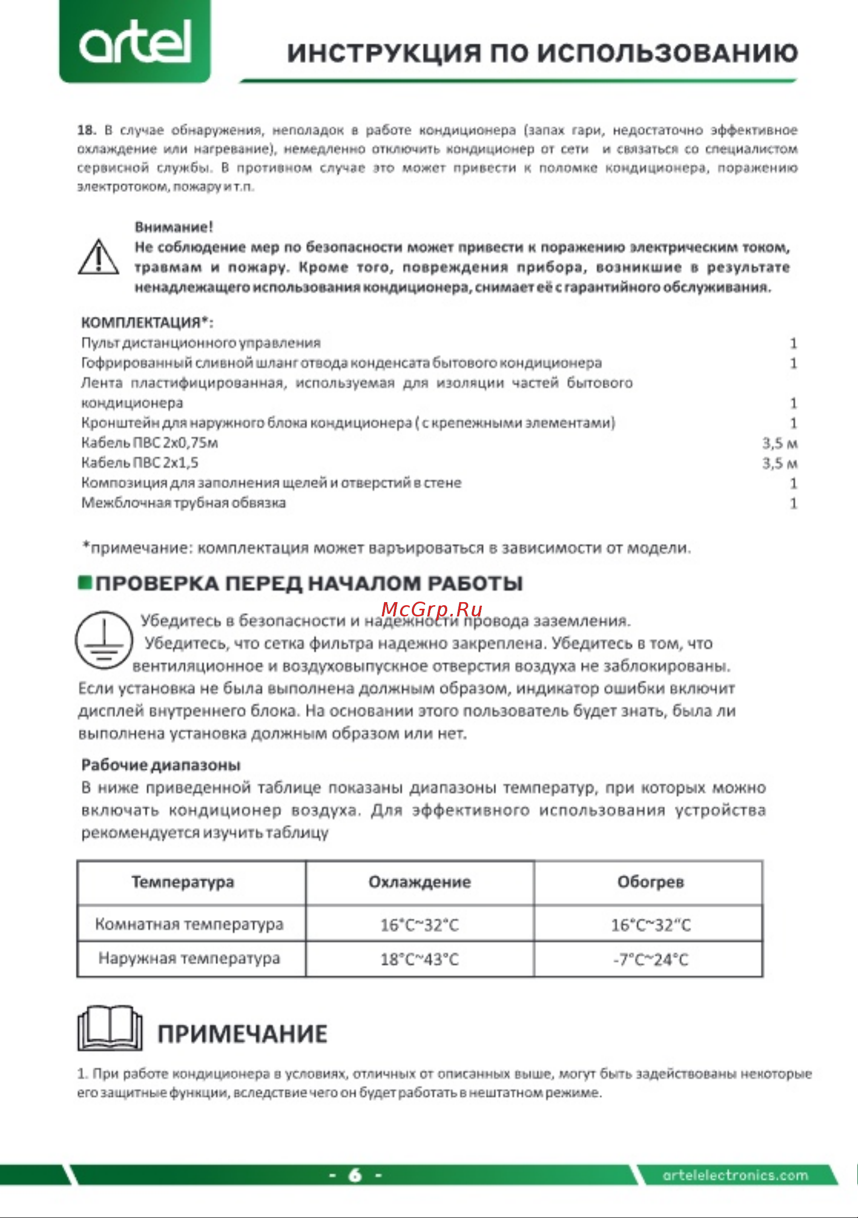 Artel Baraka V2 12000 BTU Inverter (ARTSIY3AW12BE) Инструкция по эксплуатации онлайн [6/32] 904660