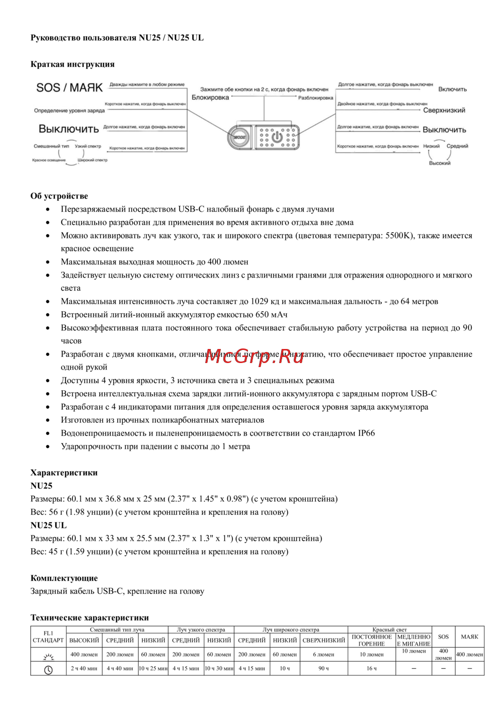 Nitecore NU25 UL Руководство по эксплуатации