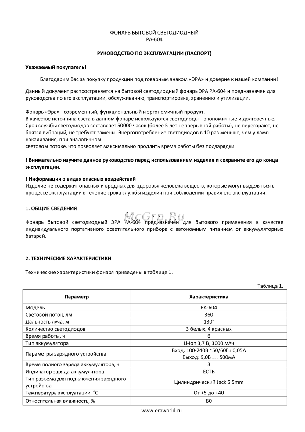 Era PA-604 Руководство по эксплуатации