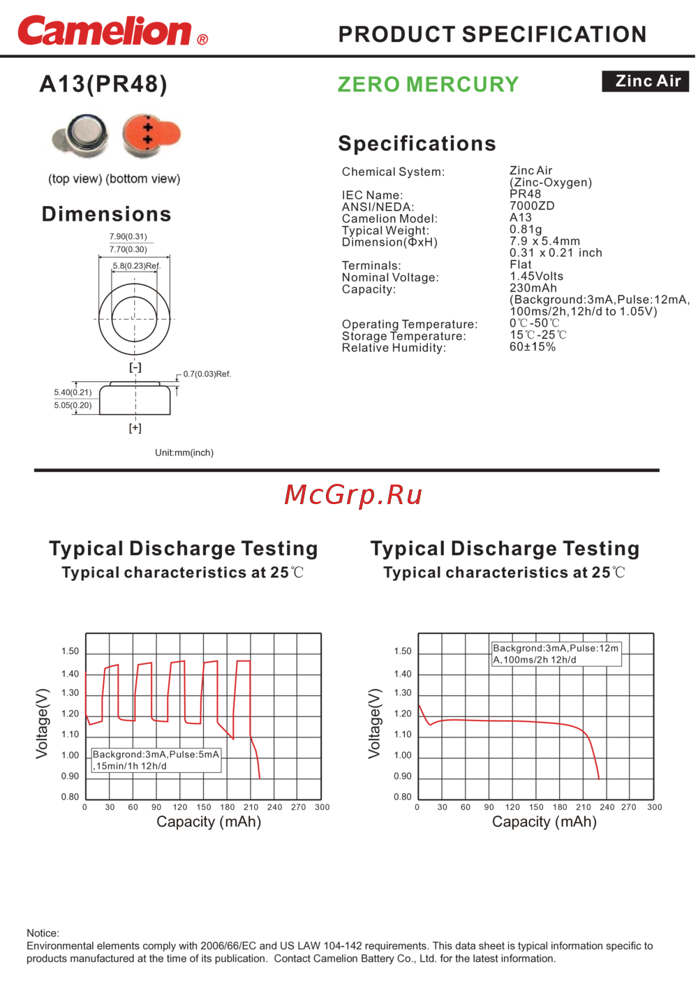 Camelion A13(PR48) Datasheet