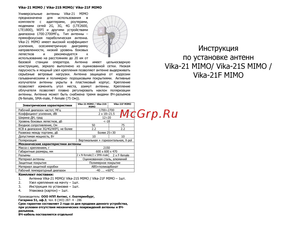 Антекс Vika-21F MIMO Руководство по запуску и установке