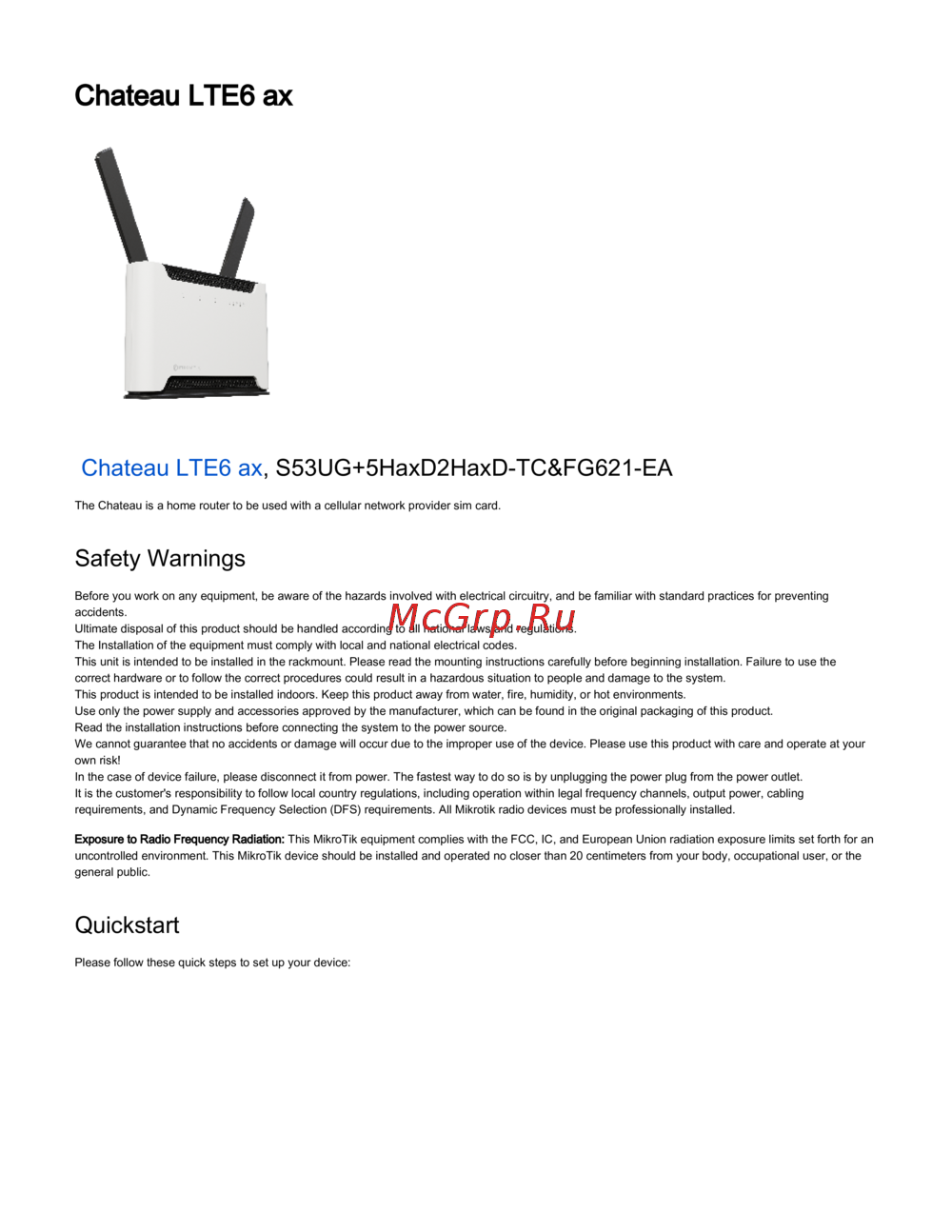 MikroTik Chateau LTE6 ax S53UG+5HaxD2HaxD-TC&FG621-EA Сжатое руководство пользователя